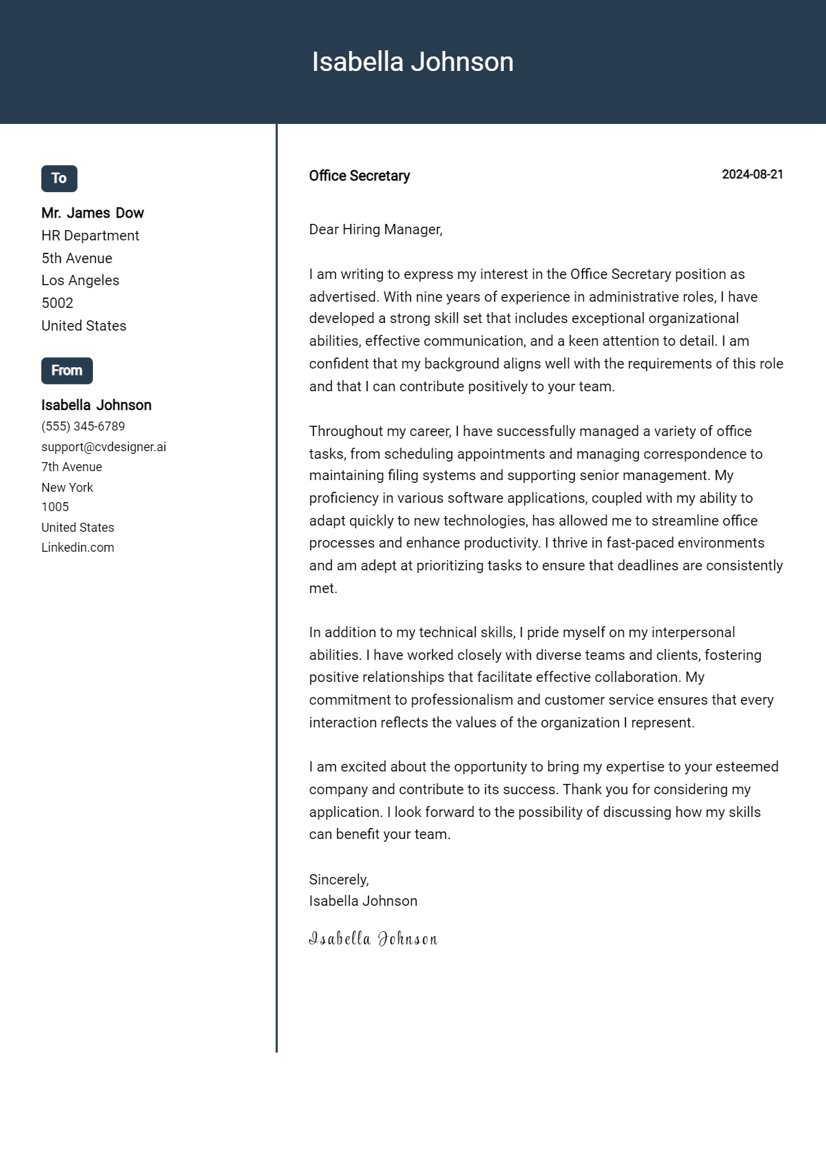 Office Secretary Cover Letter Examples for 2026 (Downloadable) Preview