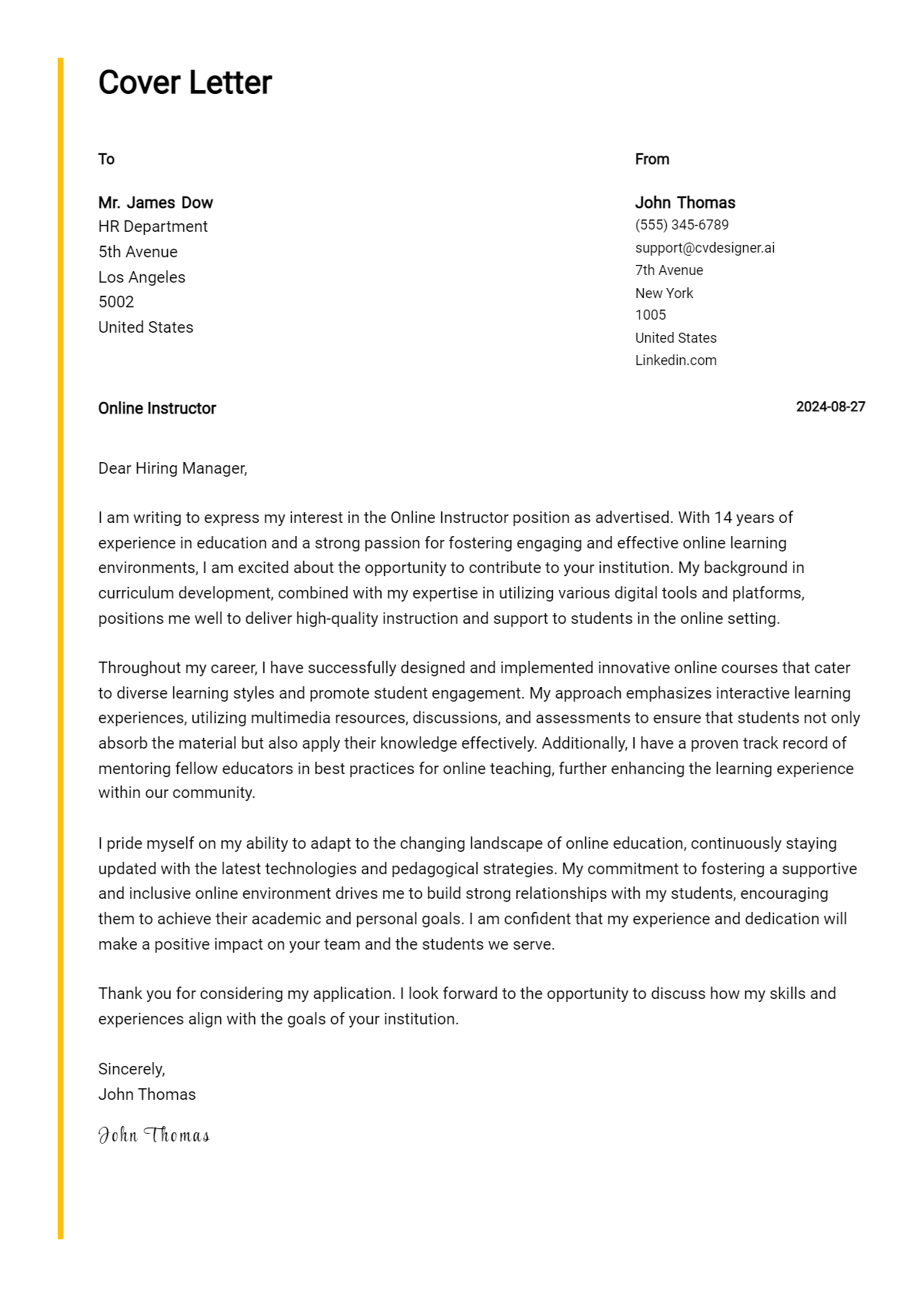 Online Instructor Cover Letter Example for 2026 (Complete Writing Guide) Preview