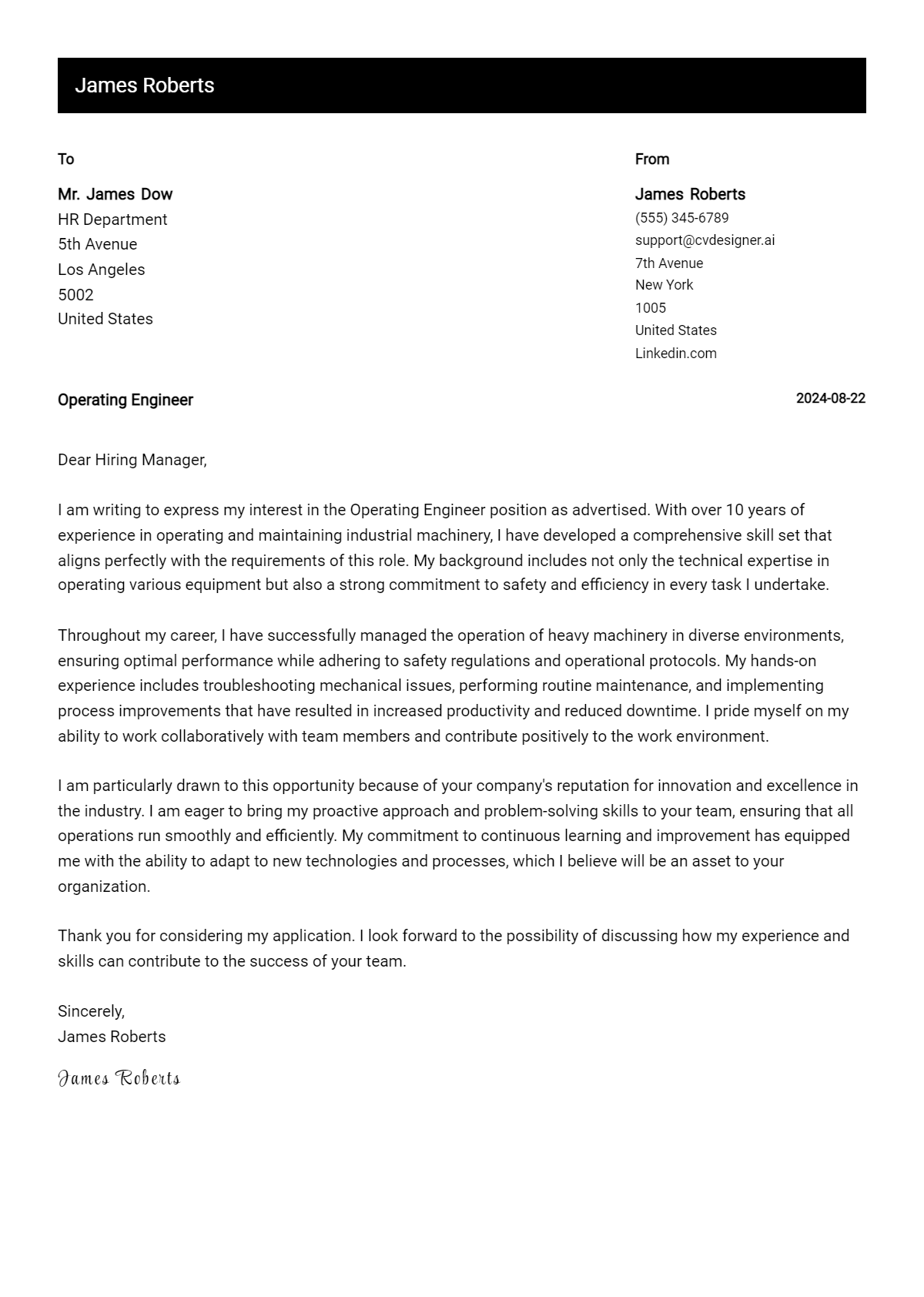 Operating Engineer Cover Letter Examples & Samples for 2026 Preview