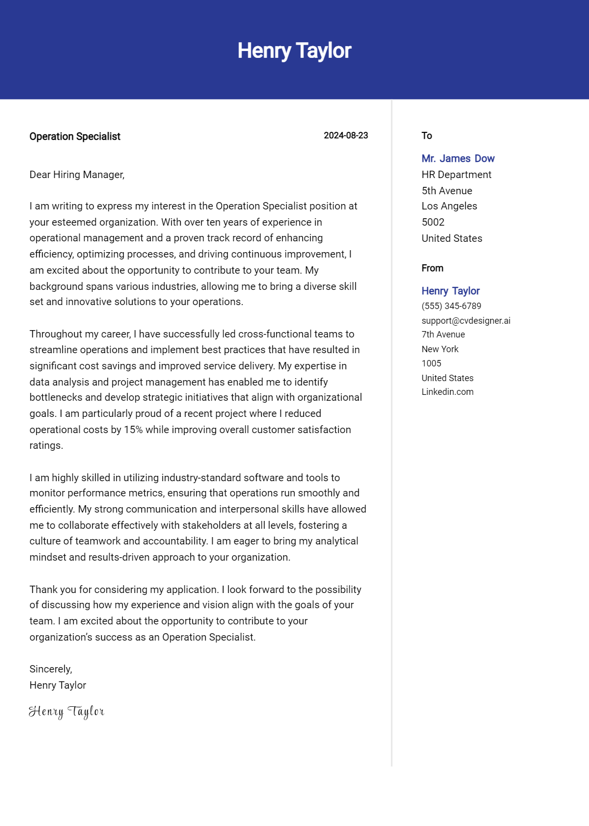 Operation Specialist Cover Letter Example for 2026 (Download Templates) Preview