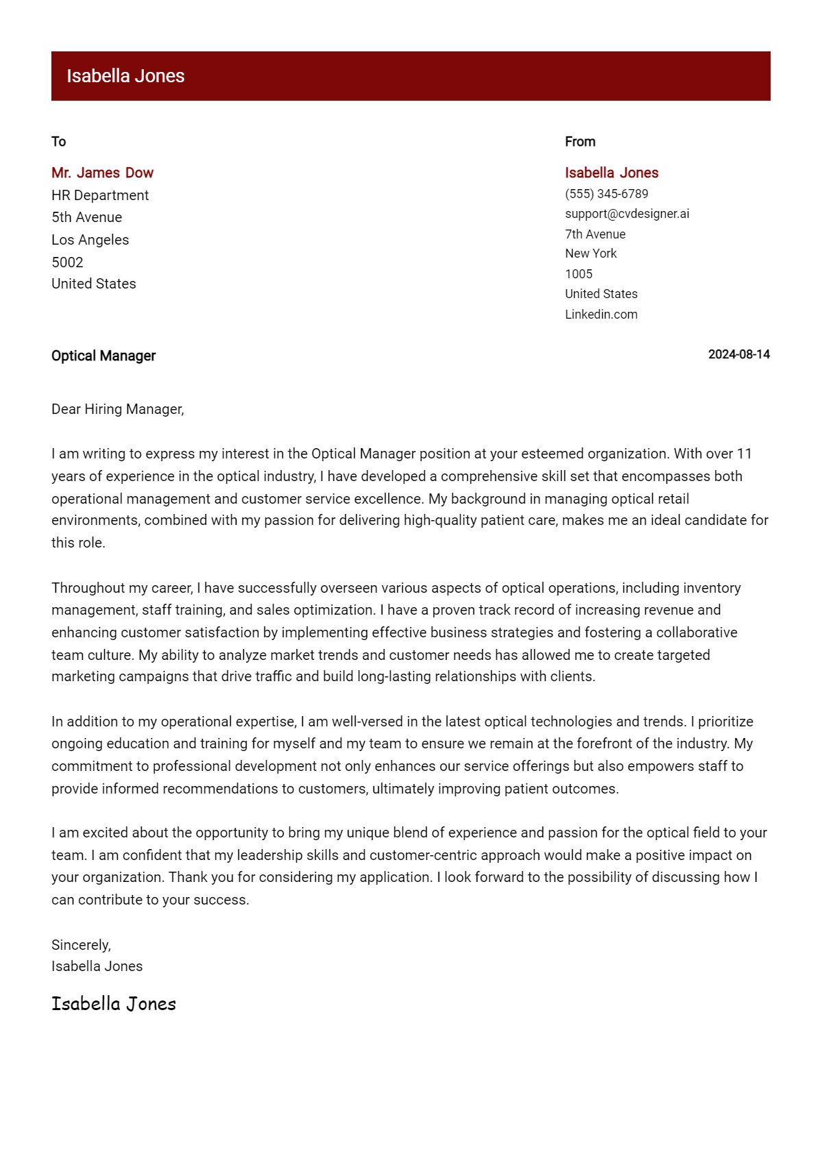 Optical Manager Cover Letter Example for 2026: Top CV Skills Preview