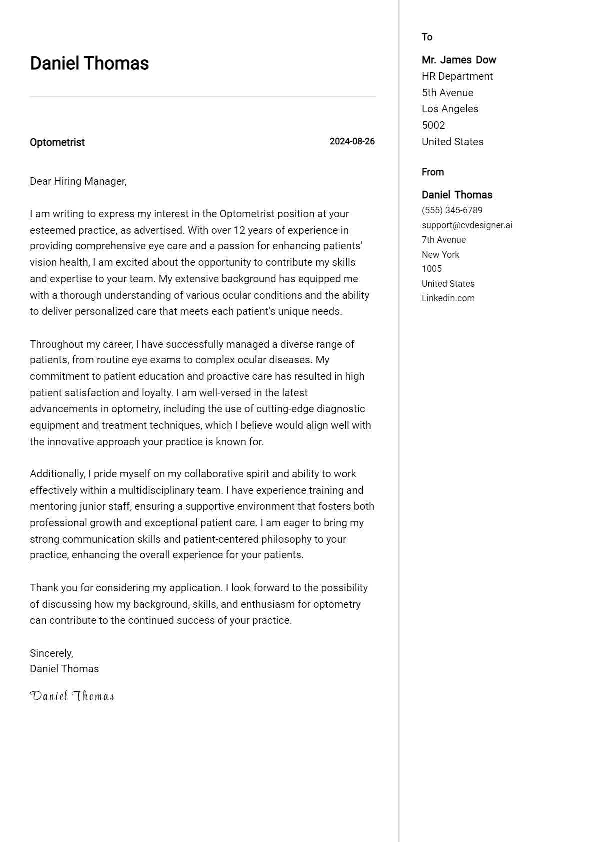 Optometrist Cover Letter Example for 2026 (Writing Guide) Preview