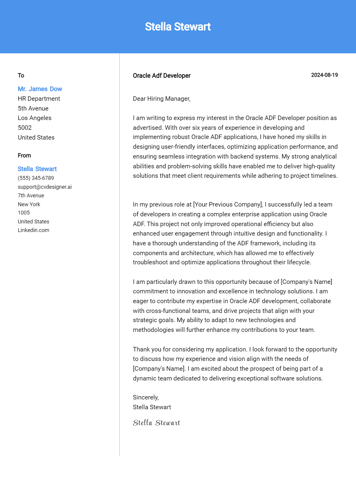 Oracle ADF Developer Cover Letter Example for 2026: Free Templates Preview
