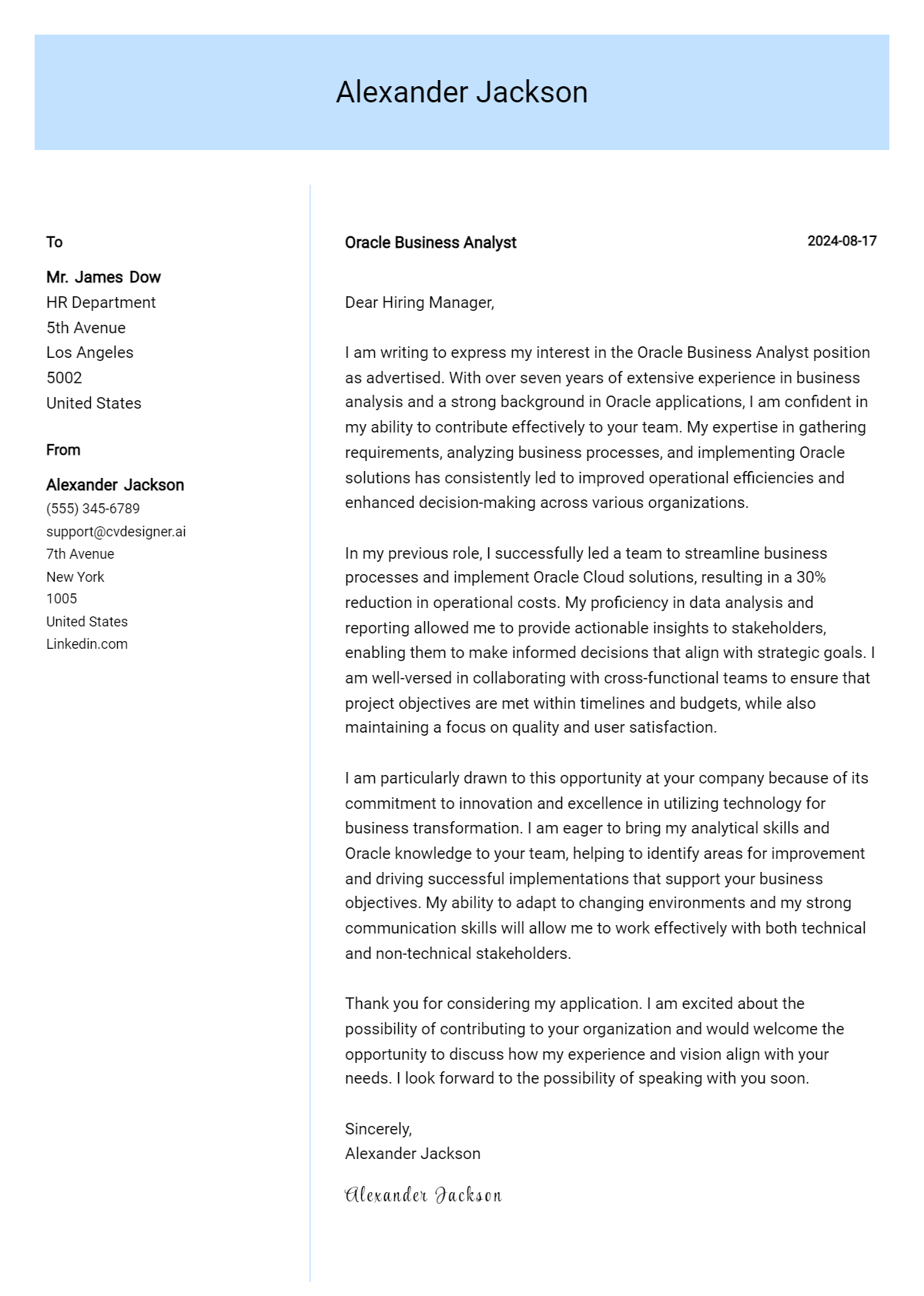 Oracle Business Analyst Cover Letter Example for 2026 (Download Templates) Preview