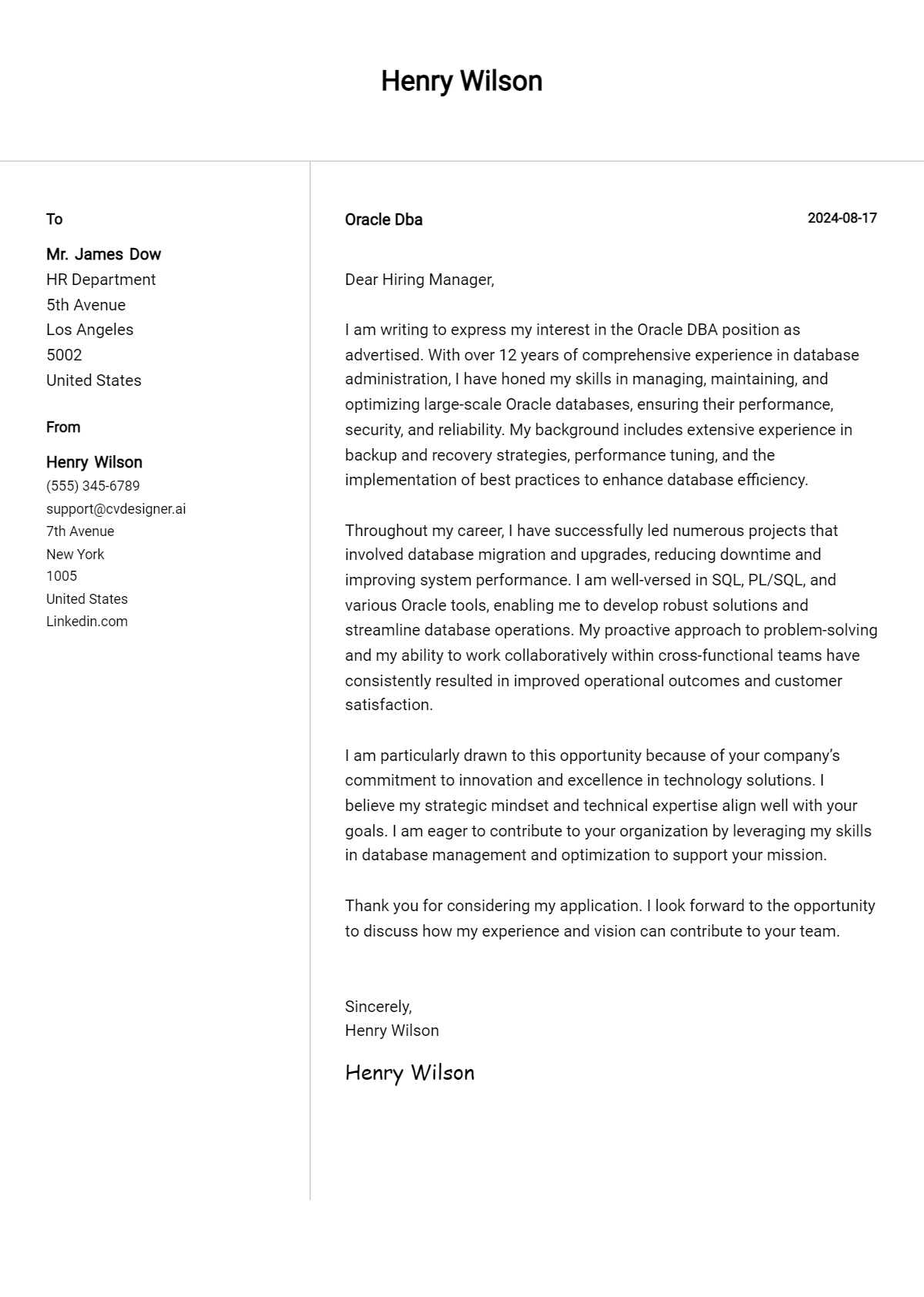 Oracle DBA Cover Letter Example for 2026: Expert Tips & Templates Preview