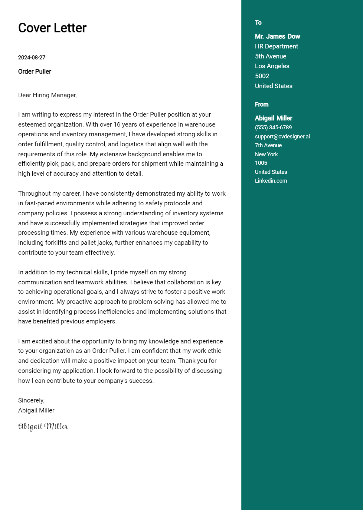 Order Puller Cover Letter Example for 2026: Ultimate Guide Preview
