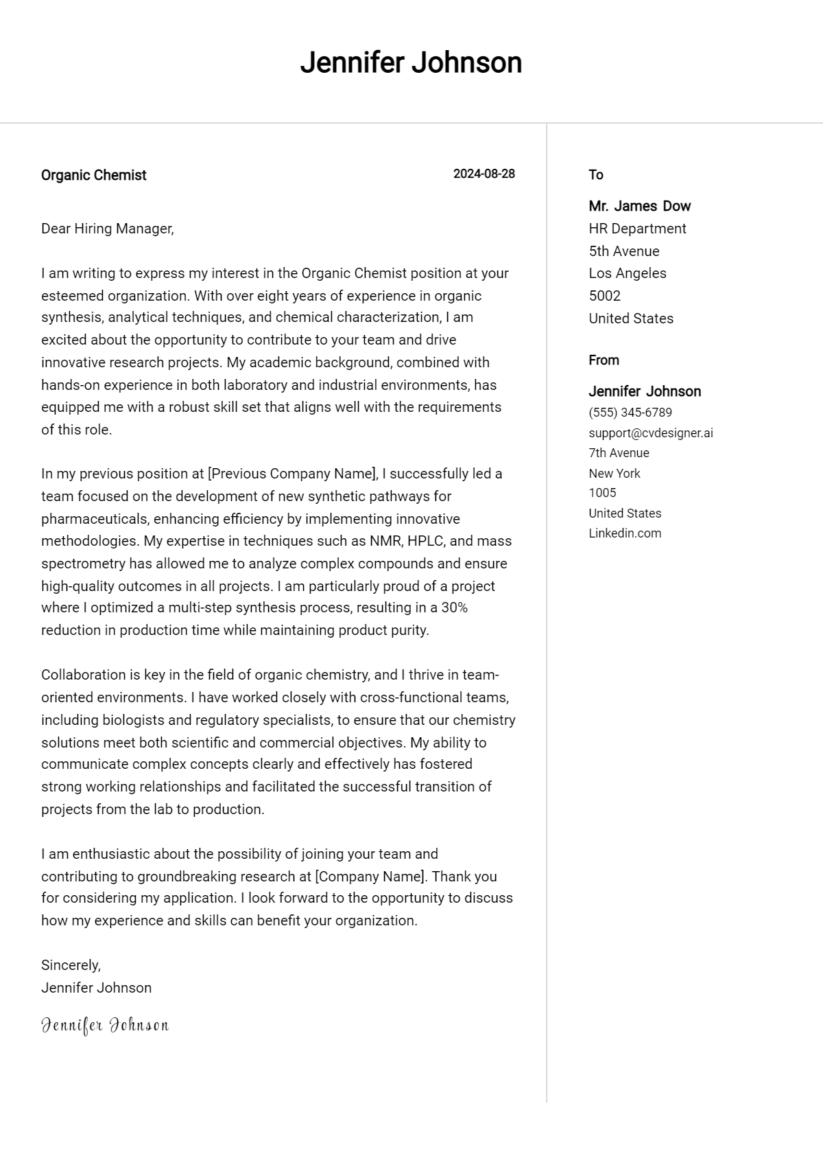 Organic Chemist Cover Letter Example for 2026: Ultimate Guide Preview