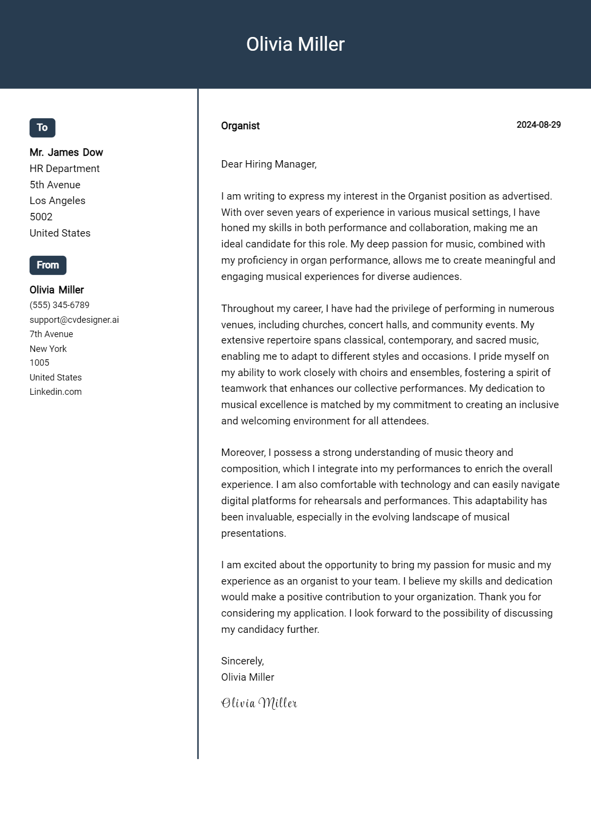 Organist Cover Letter Example for 2026: Free Templates Preview