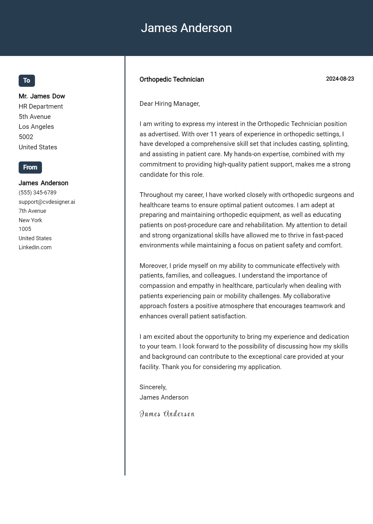 Orthopedic Technician Cover Letter Example for 2026 (Writing Guide) Preview