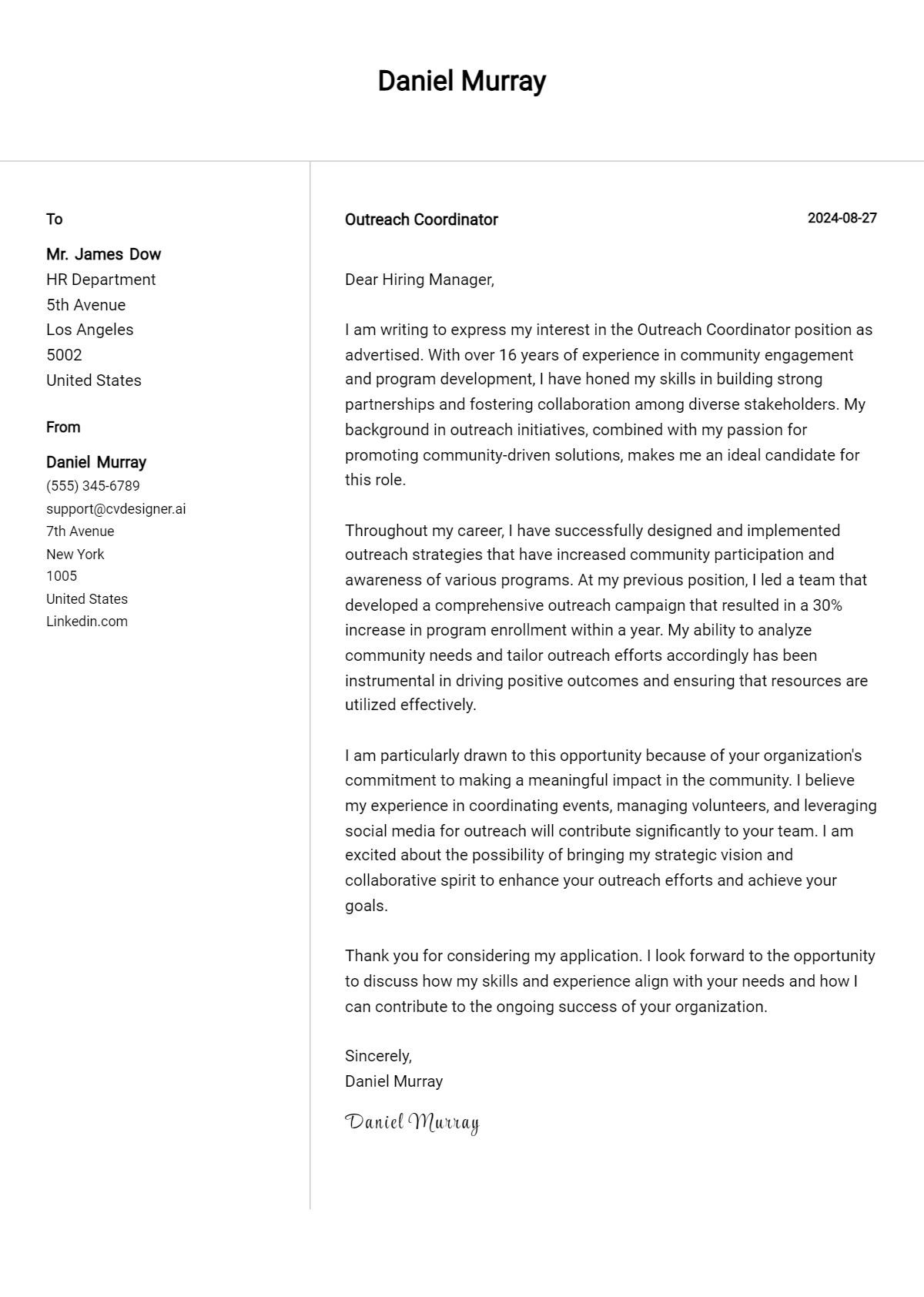 Outreach Coordinator Cover Letter Example for 2026 (Download Templates) Preview