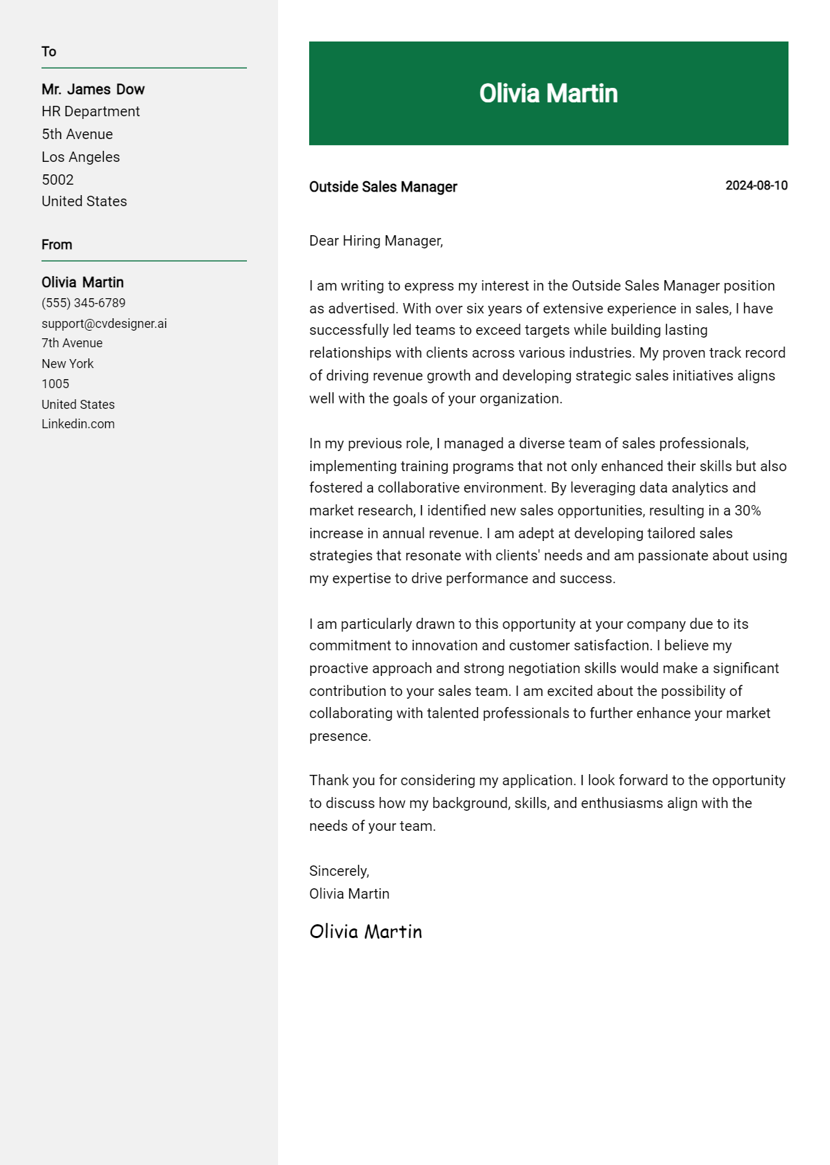 Outside Sales Manager Cover Letter Example for 2026 (Writing Guide) Preview