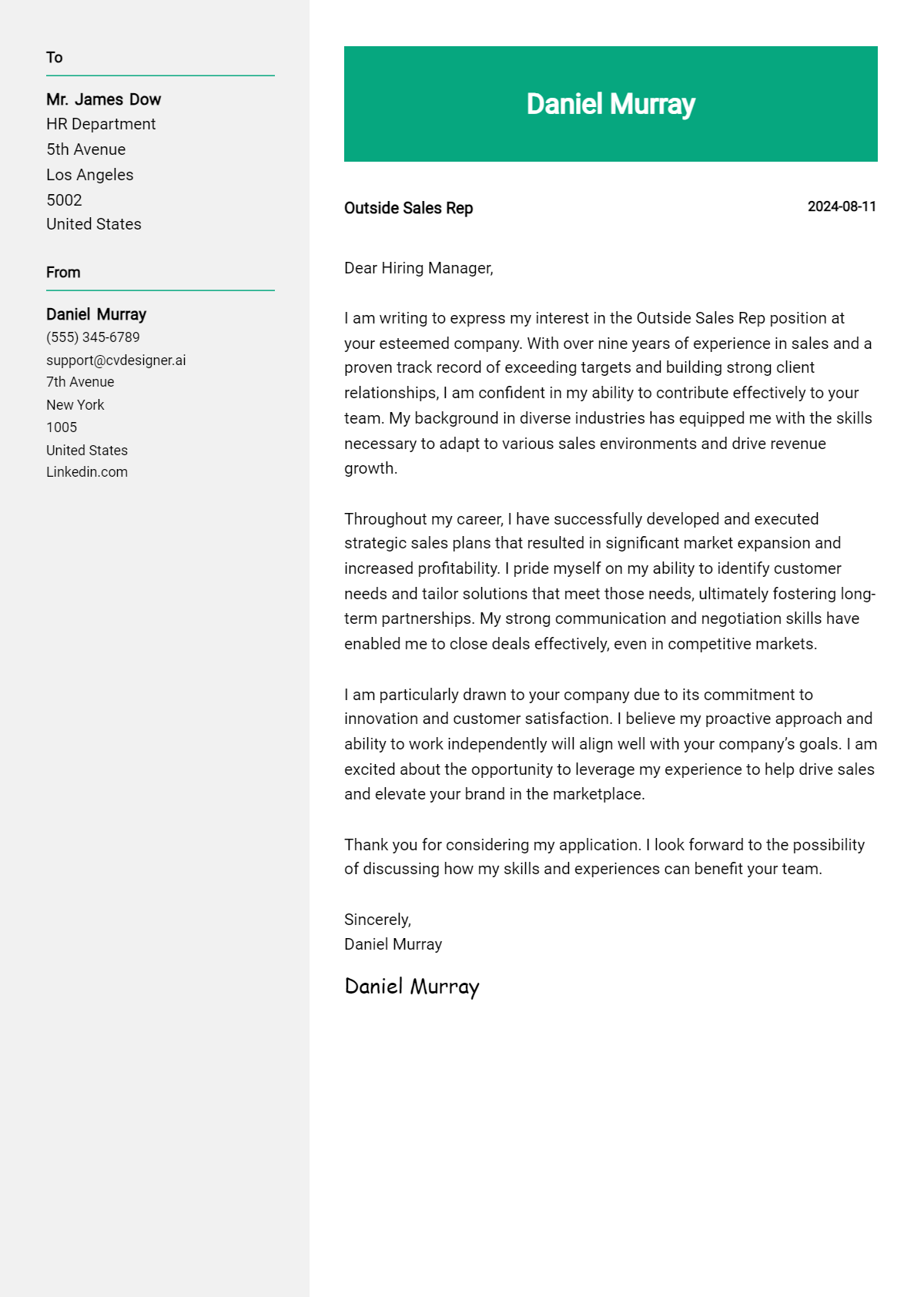 Outside Sales Rep Cover Letter Example for 2026 (Free Templates) Preview