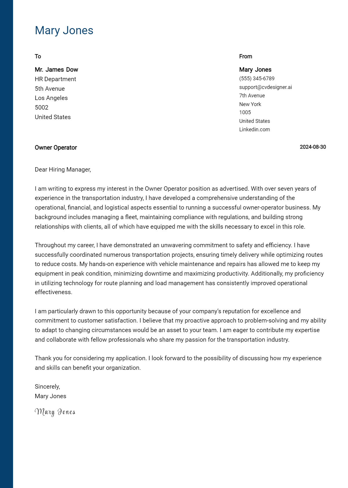 Owner Operator Cover Letter Examples and Templates for 2026 Preview