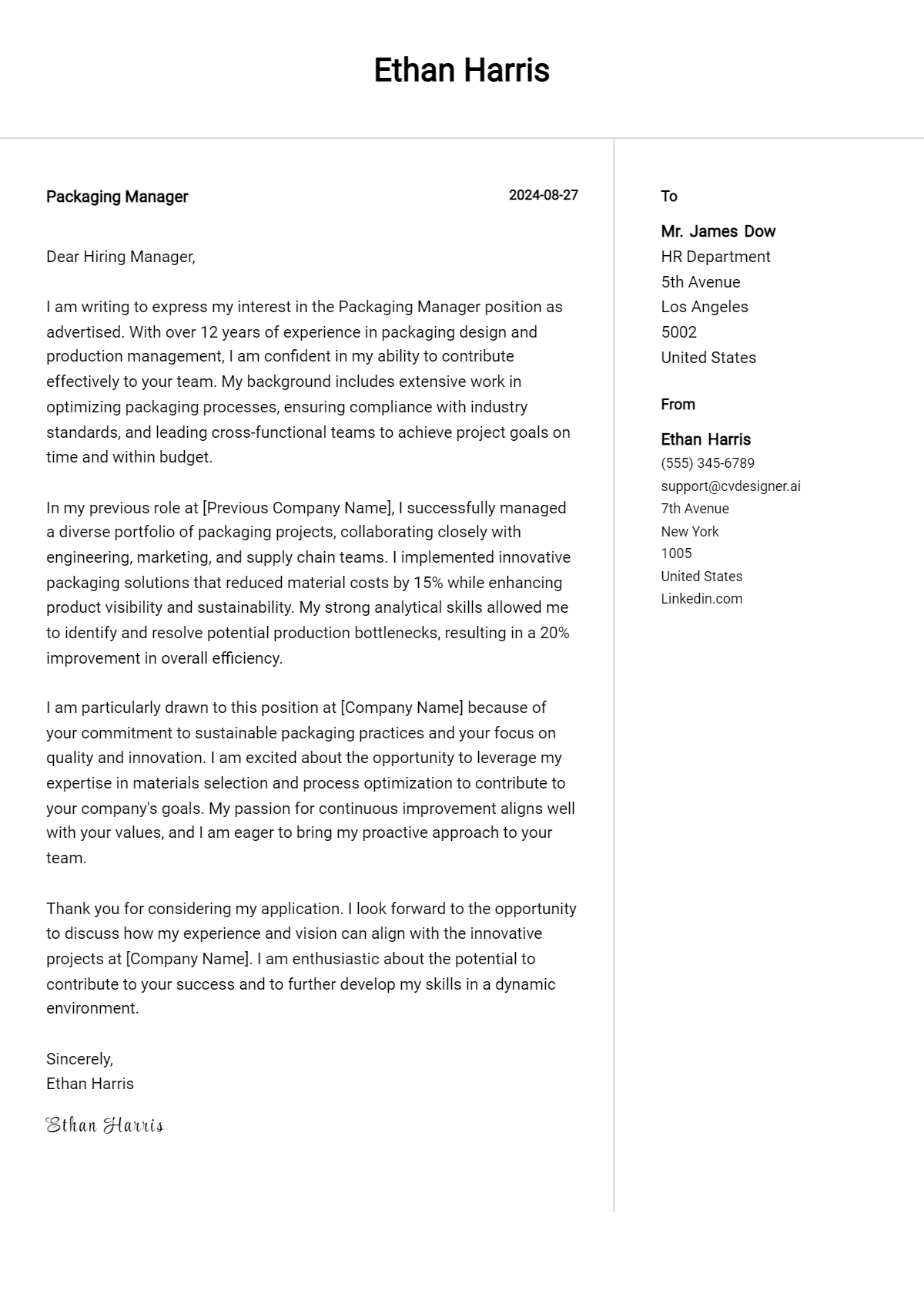 6 Packaging Manager Cover Letter Samples & Examples 2026 Preview