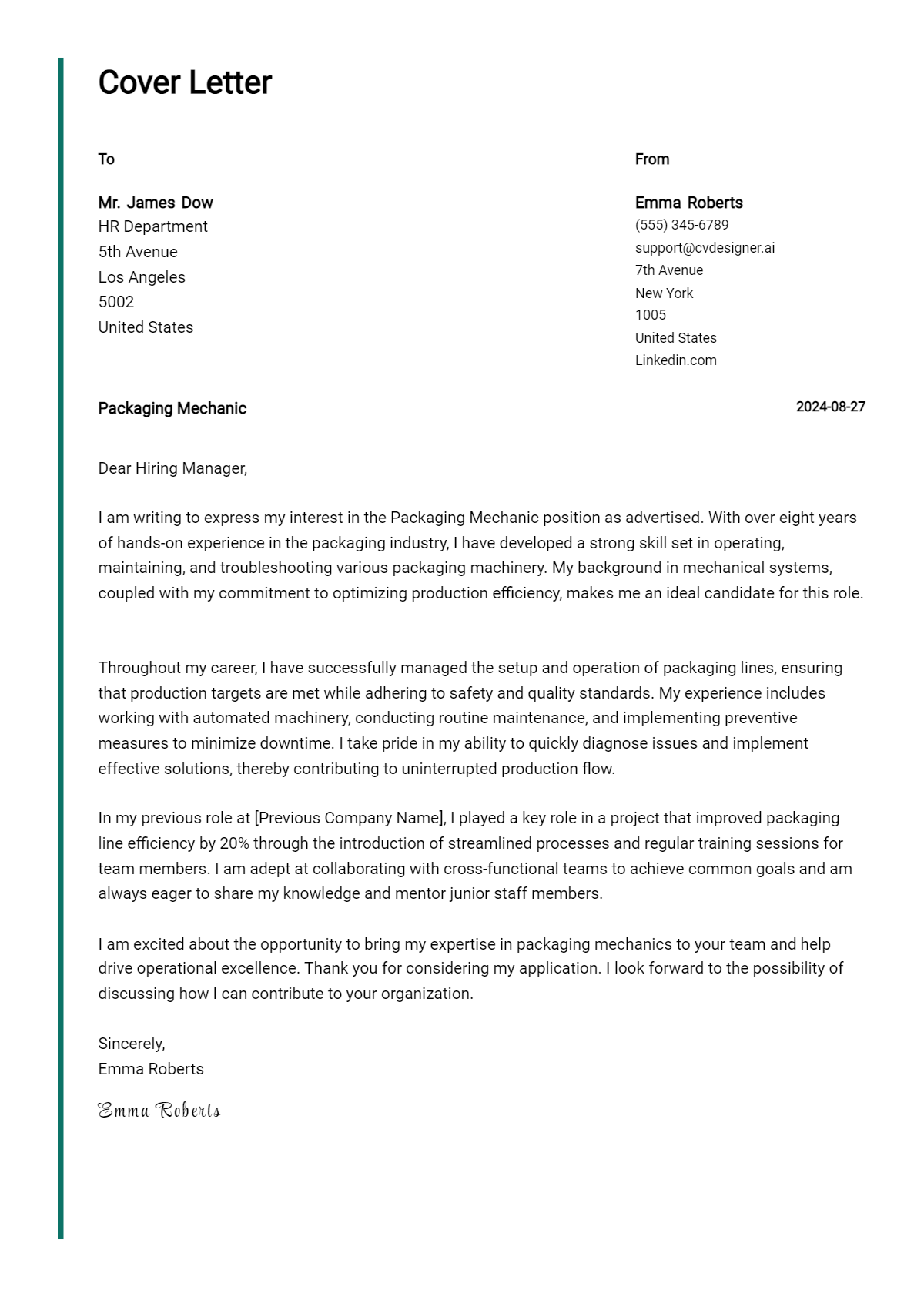 6 Packaging Mechanic Cover Letter Examples & Samples for 2026 Preview