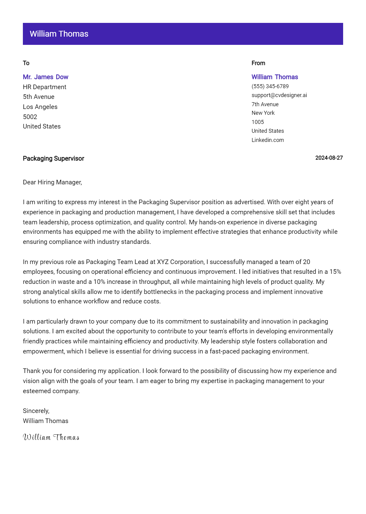 6 Packaging Supervisor Cover Letter Examples for 2026 (Free Templates) Preview