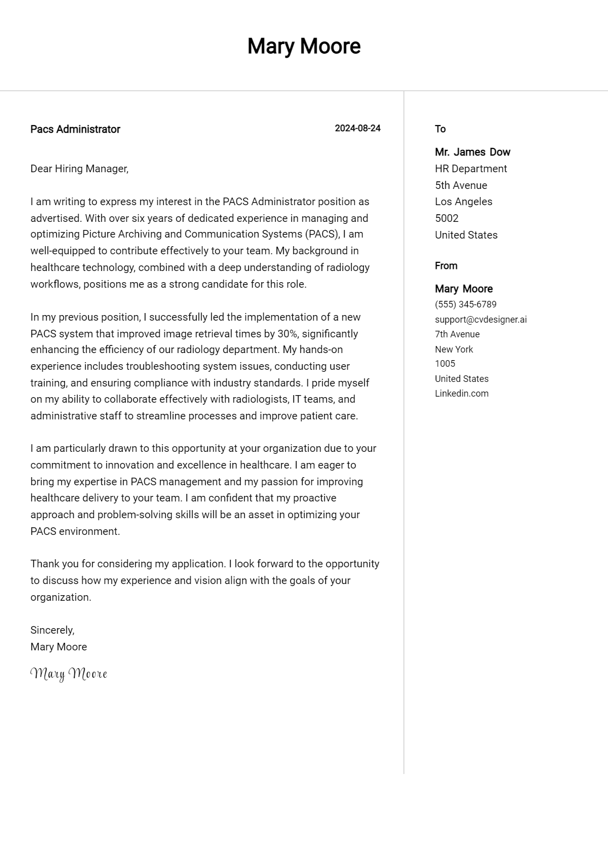 Pacs Administrator Cover Letter Example for 2026 (Complete Writing Guide) Preview
