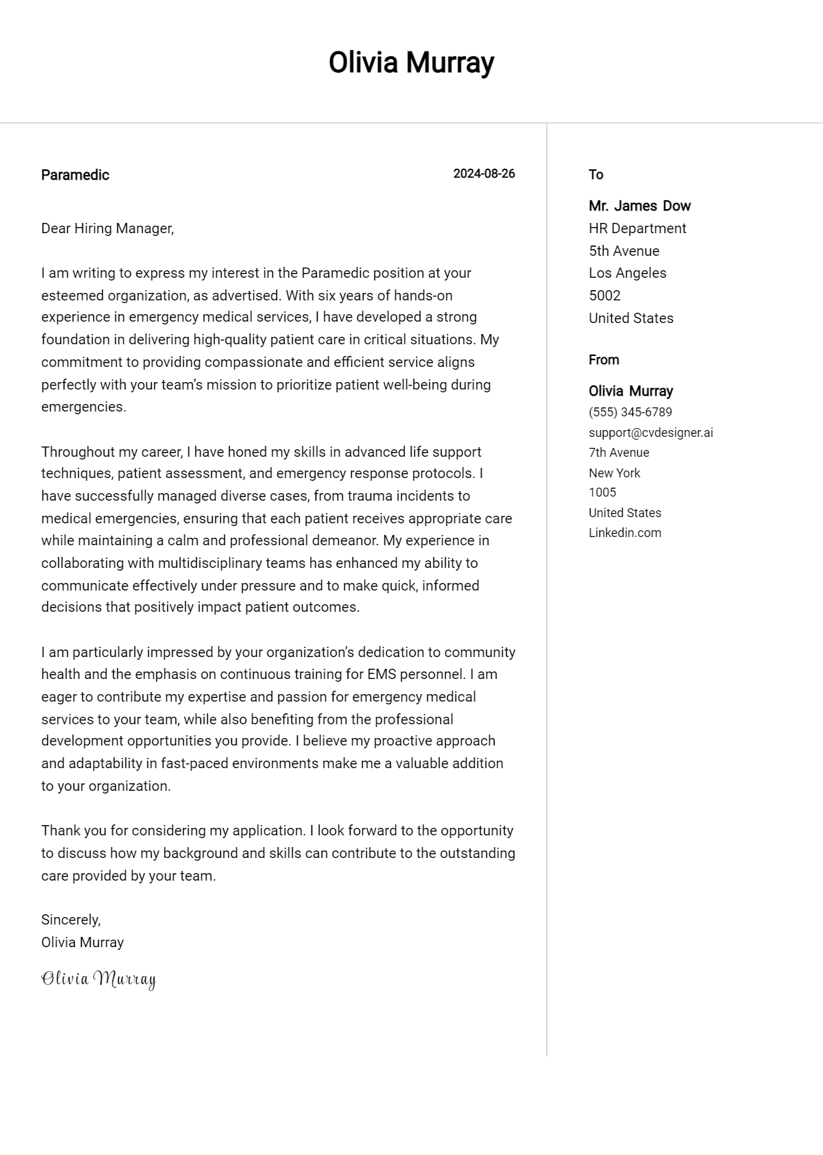 Paramedic Cover Letter Example for 2026 (Download Templates) Preview