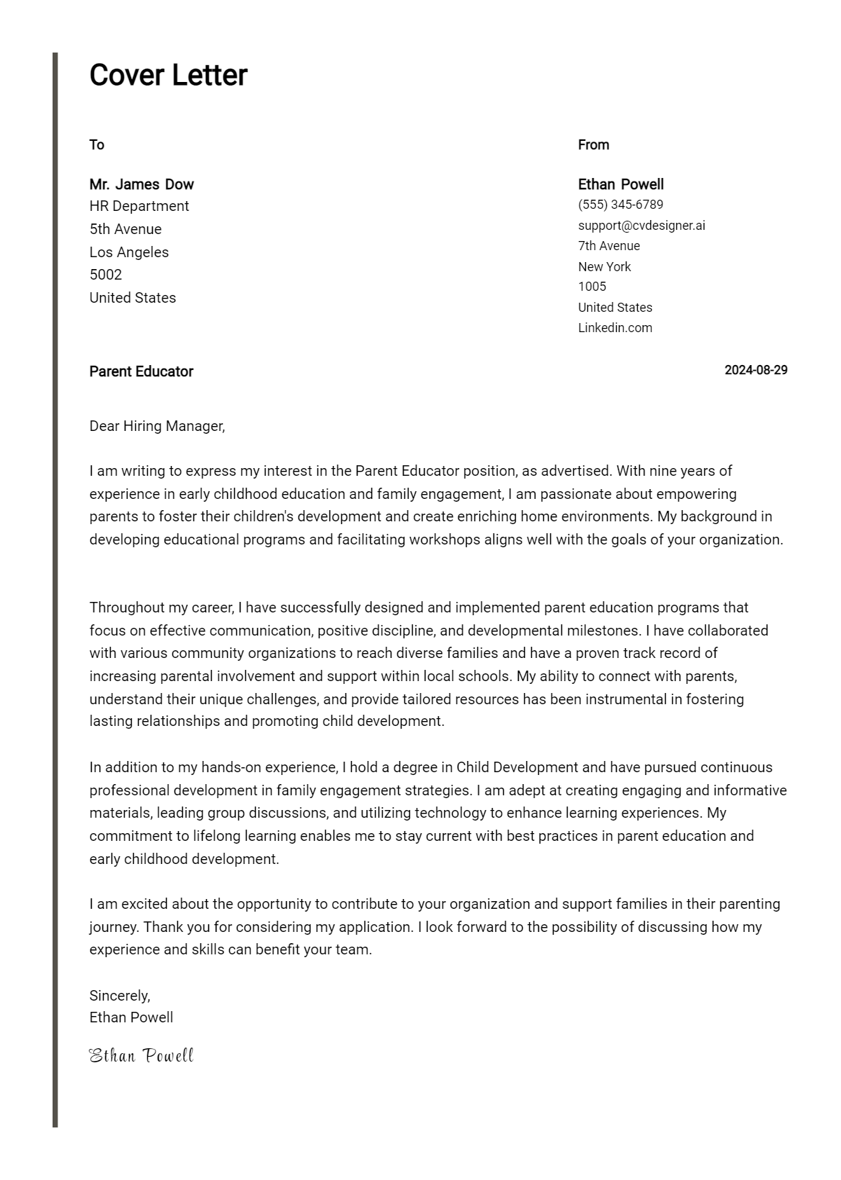 Parent Educator Cover Letter Example for 2026: Tips & Templates Preview