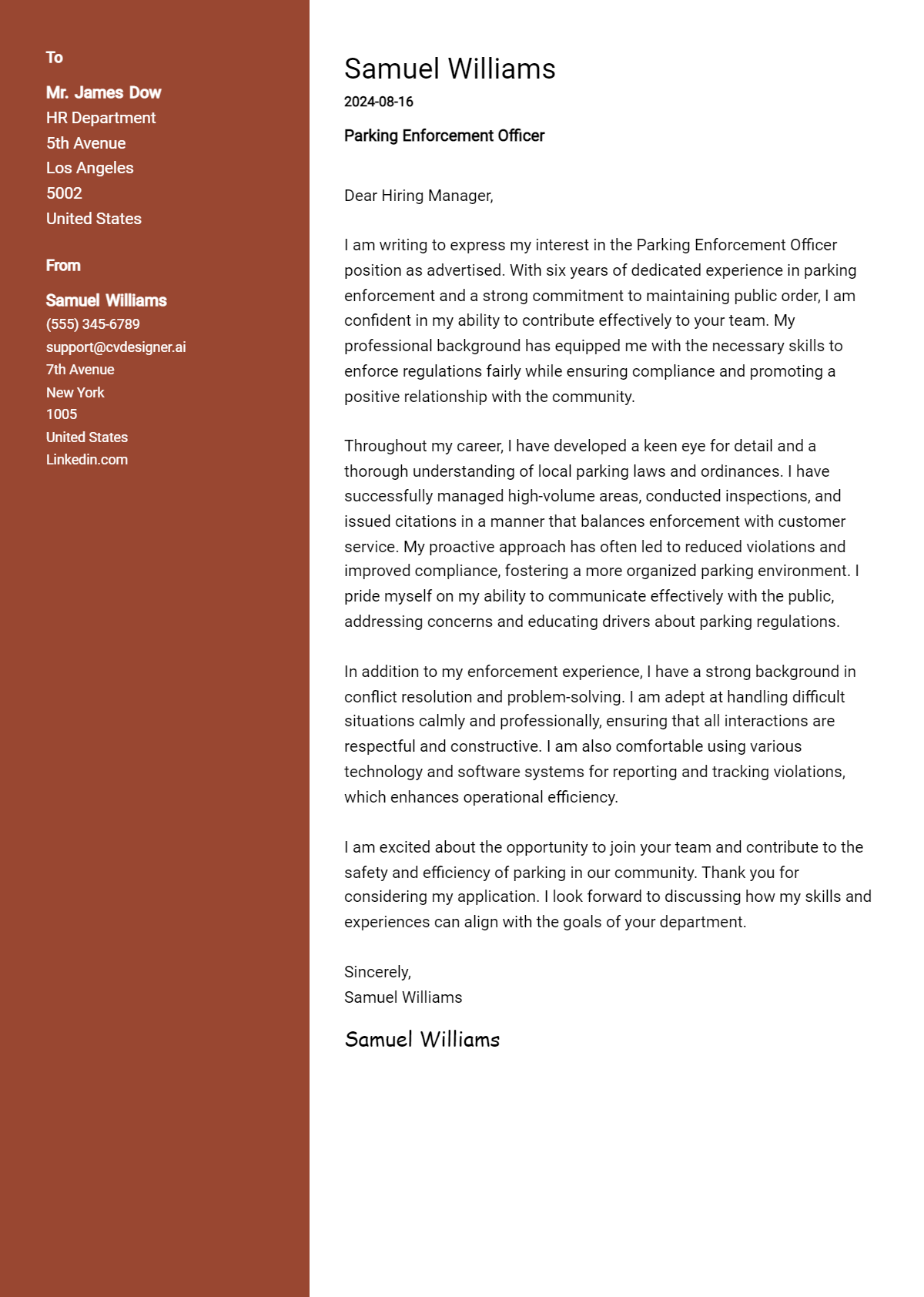 Parking Enforcement Officer Cover Letter Example for 2026: Free Templates Preview