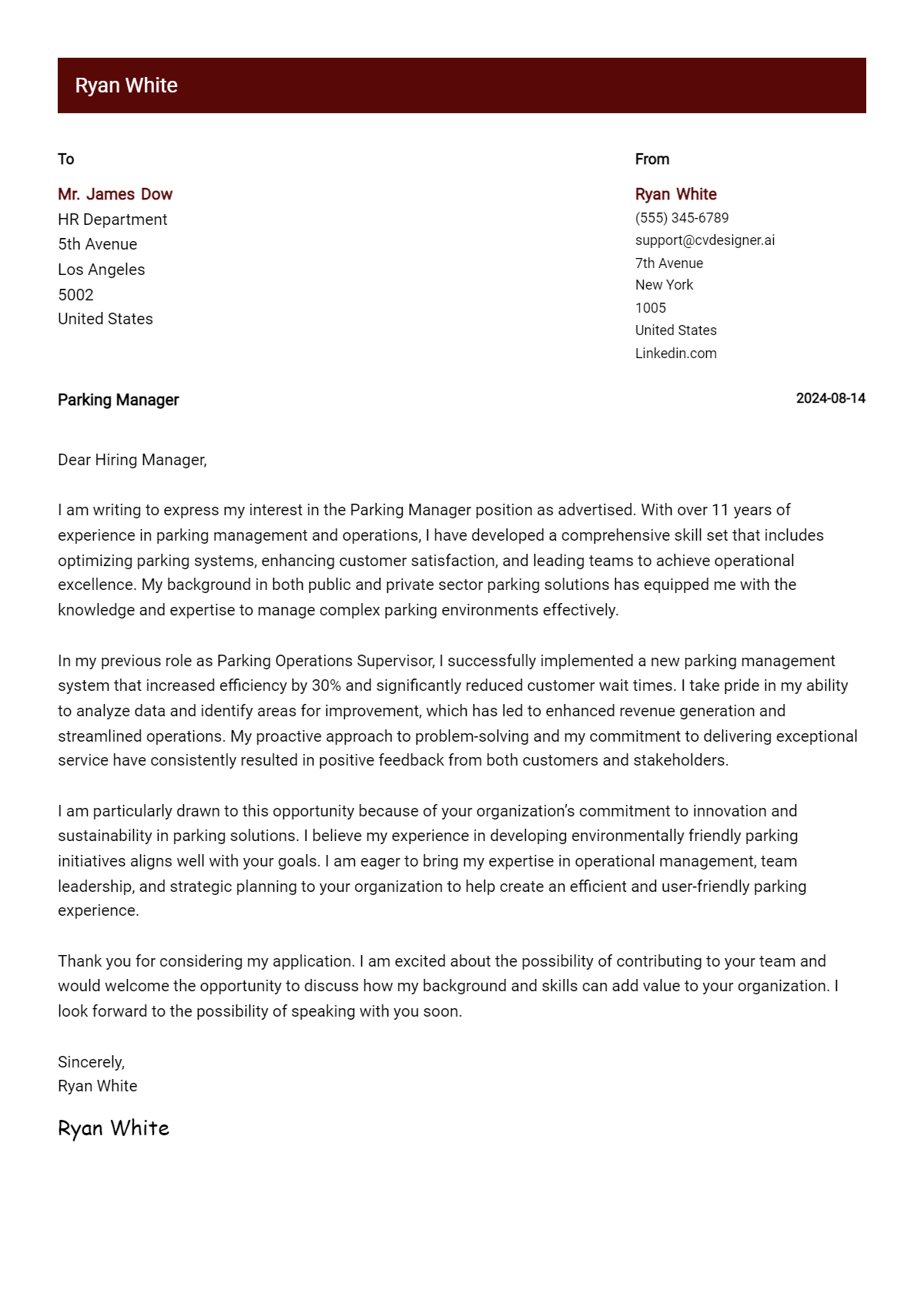 Parking Manager Cover Letter Example for 2026: Expert Tips & Templates Preview