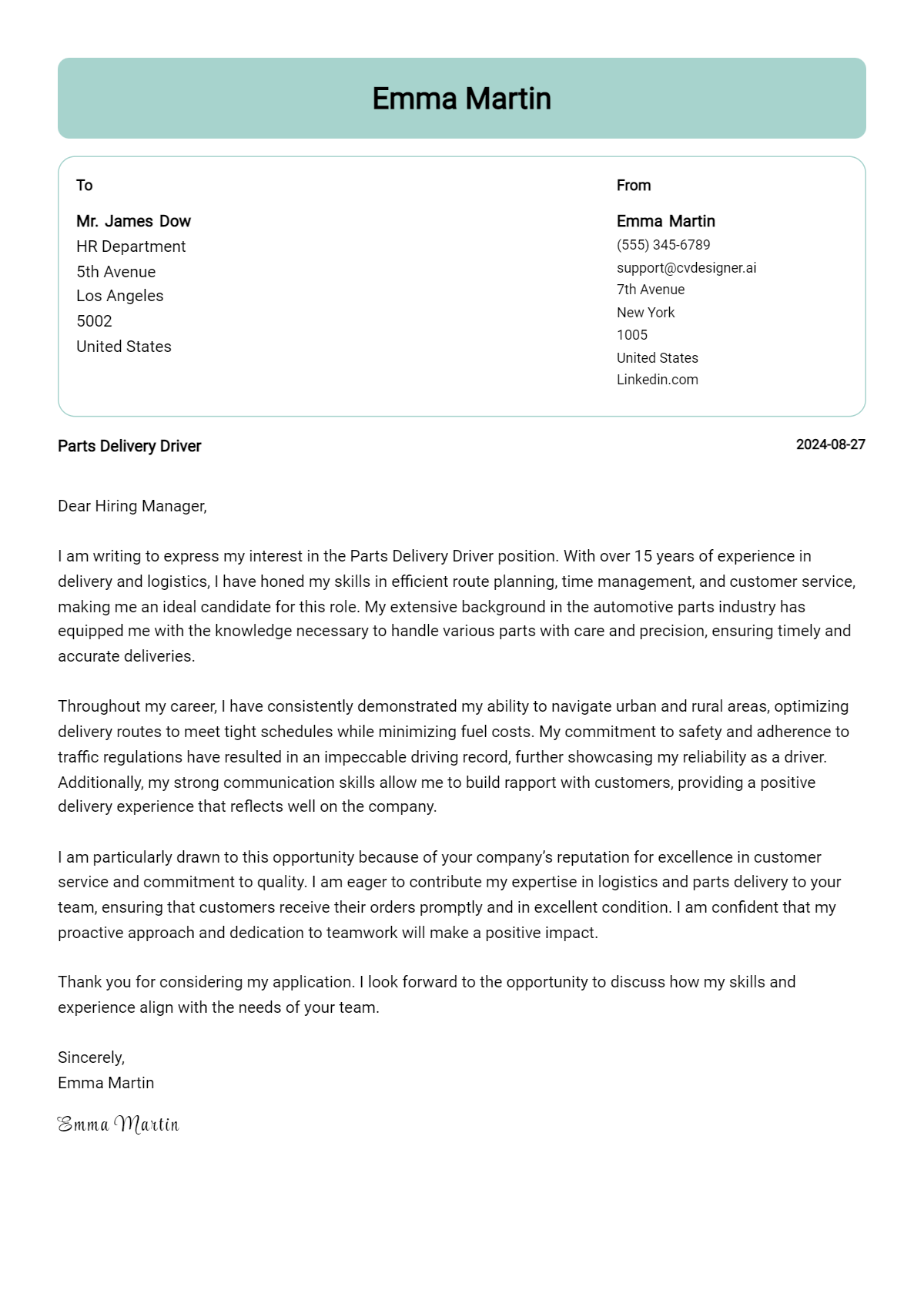 Parts Delivery Driver Cover Letter Example for 2026: Tips & Templates Preview