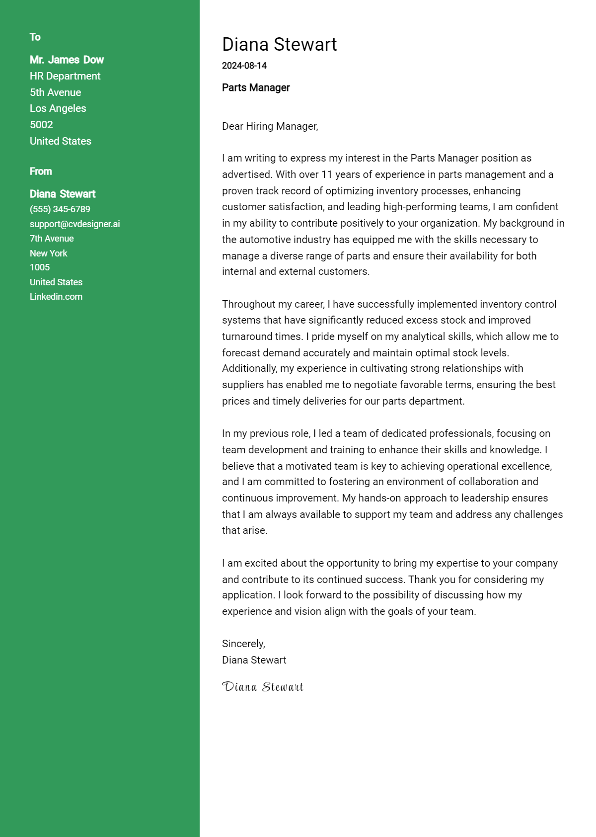 Parts Manager Cover Letter Example for 2026 (Free Templates) Preview