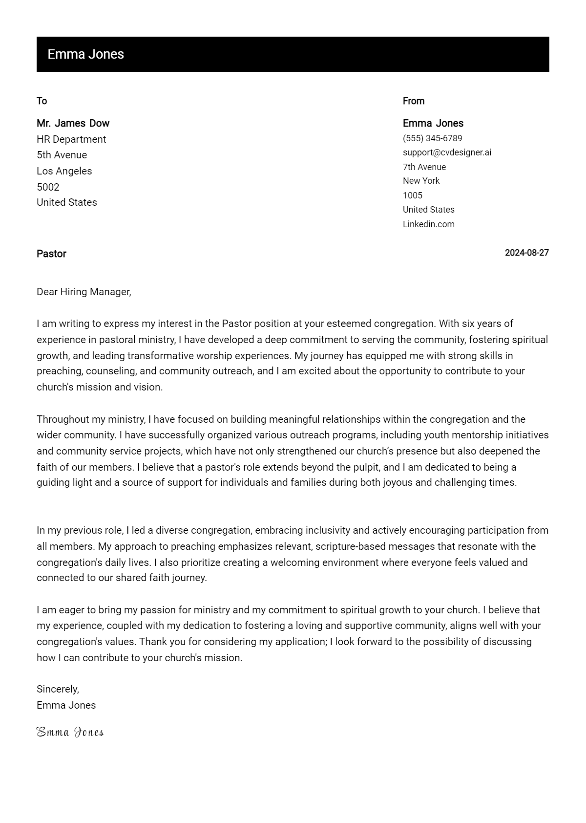 Pastor Cover Letter Example for 2026: Top CV Skills Preview