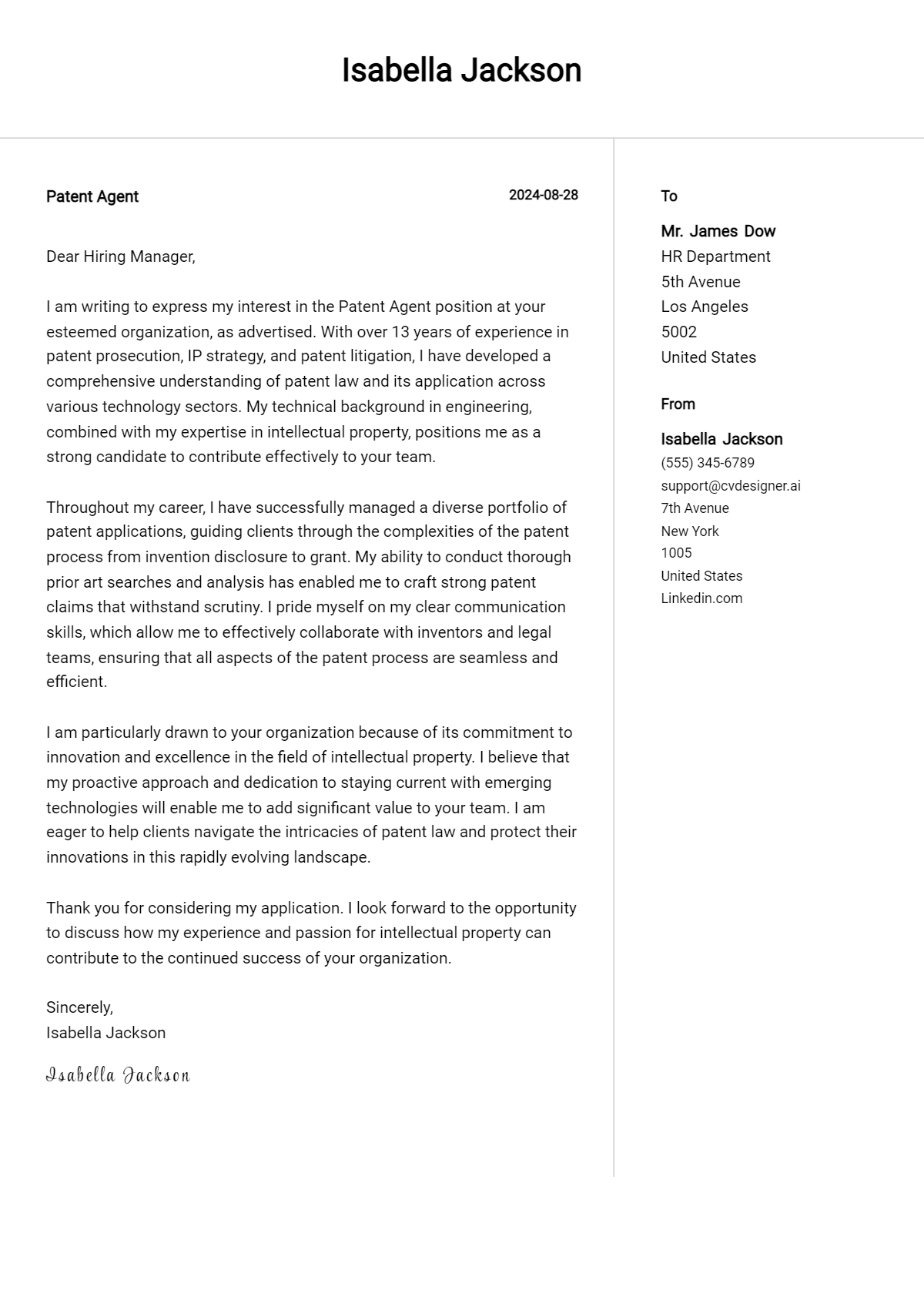 Patent Agent Cover Letter Example for 2026 (Free Templates) Preview