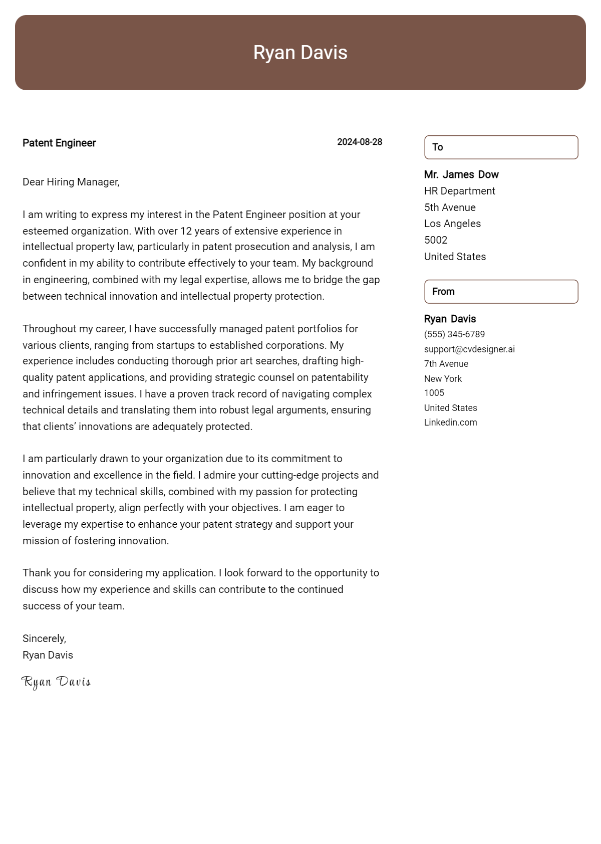 Patent Engineer Cover Letter Example for 2026 (Writing Guide) Preview