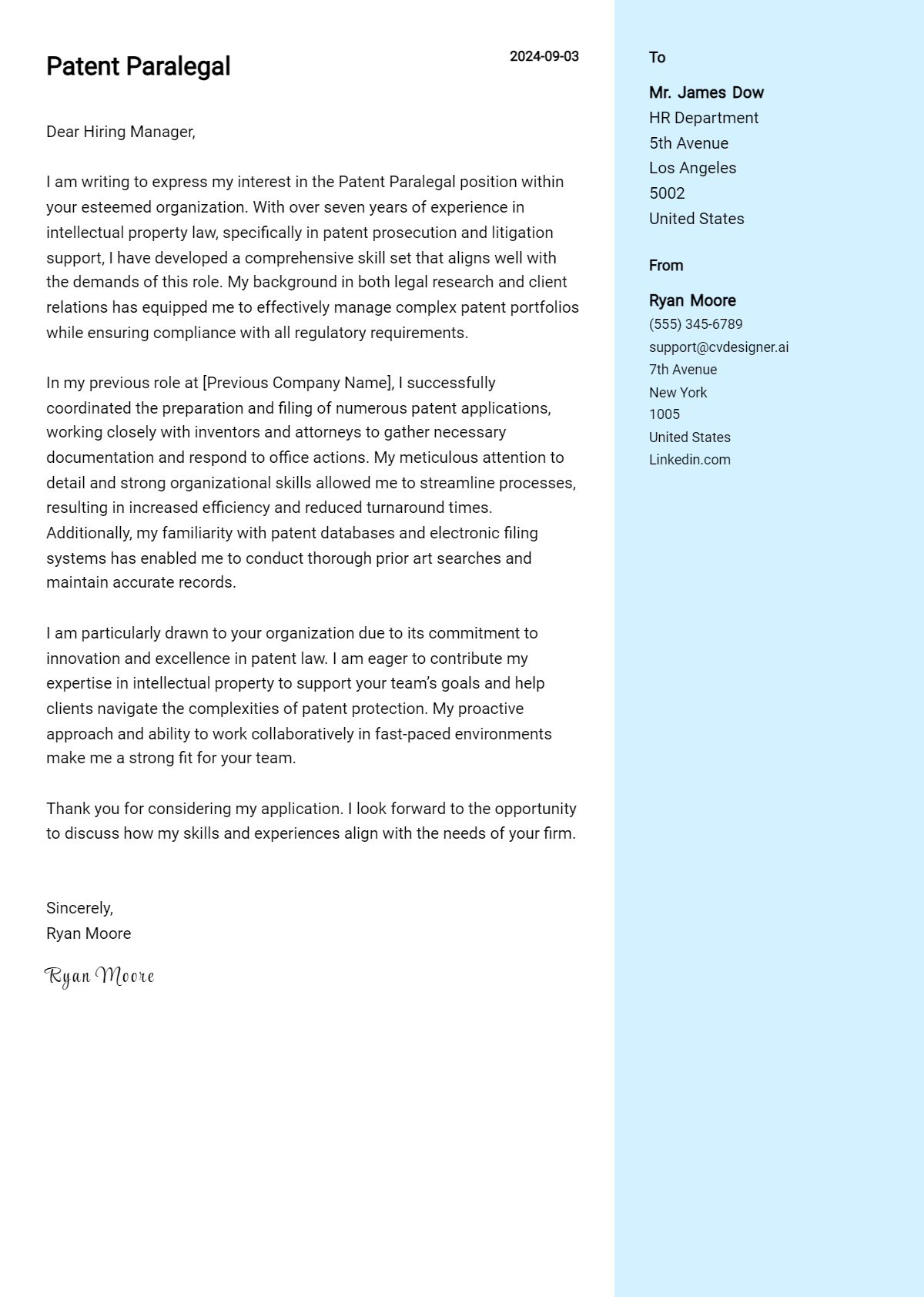 Patent Paralegal Cover Letter Example for 2026 (Free Templates) Preview