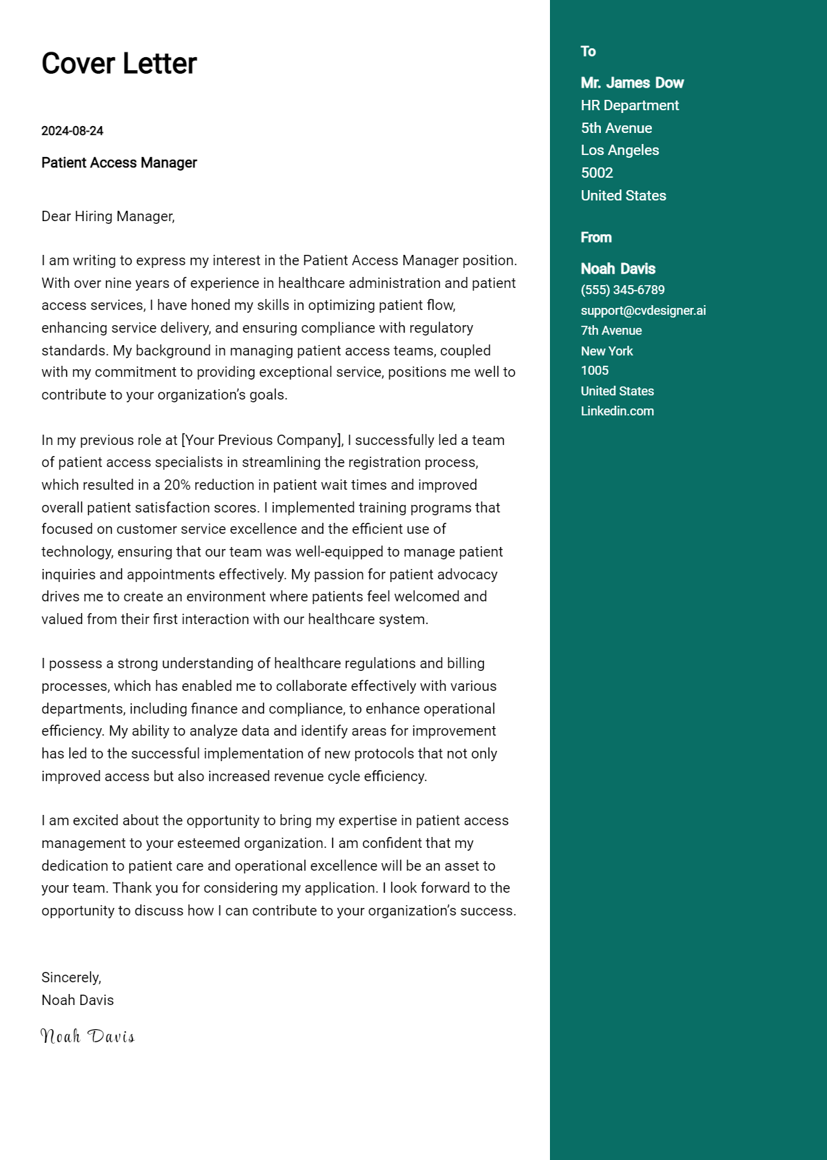 Patient Access Manager Cover Letter Example for 2026: Top CV Skills Preview