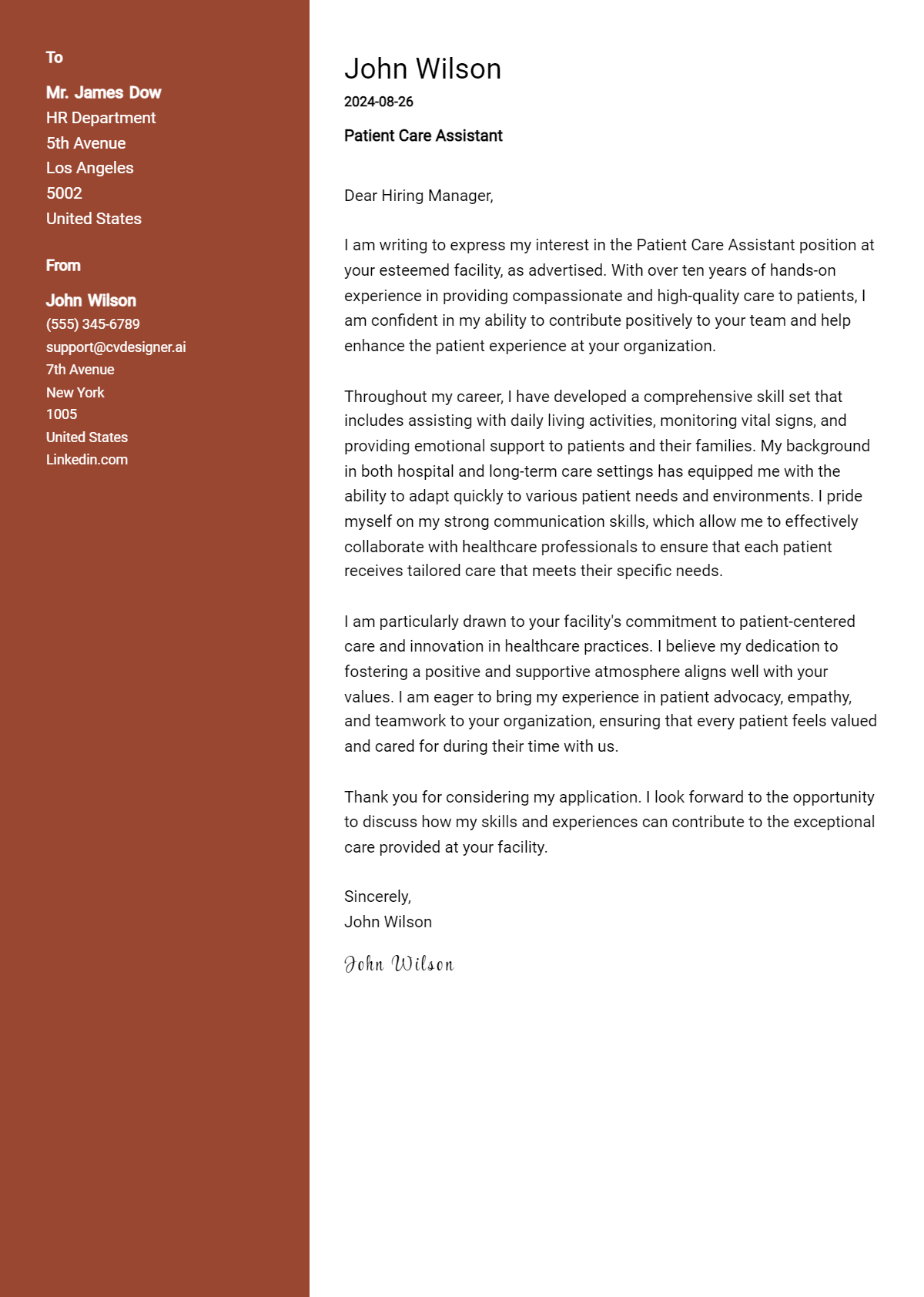 Patient Care Assistant Cover Letter Examples & Samples for 2026 Preview