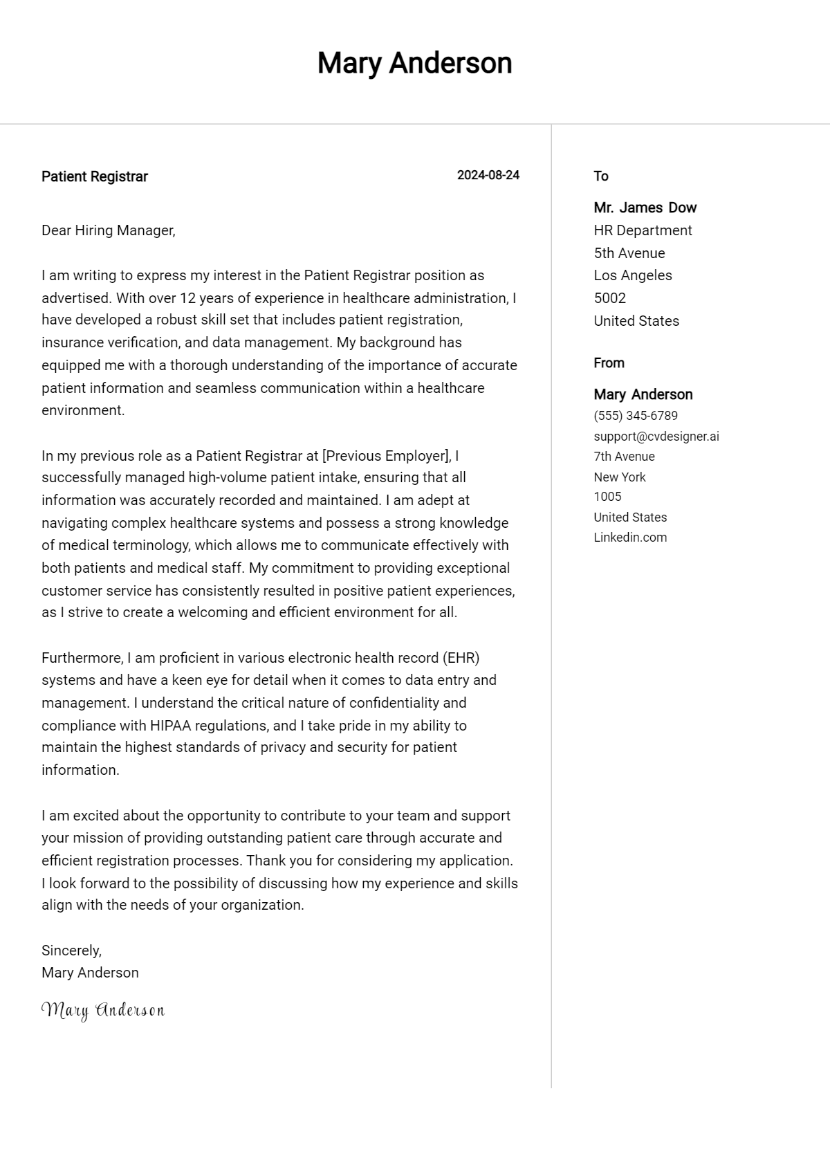 Patient Registrar Cover Letter Examples for 2026 (Downloadable) Preview