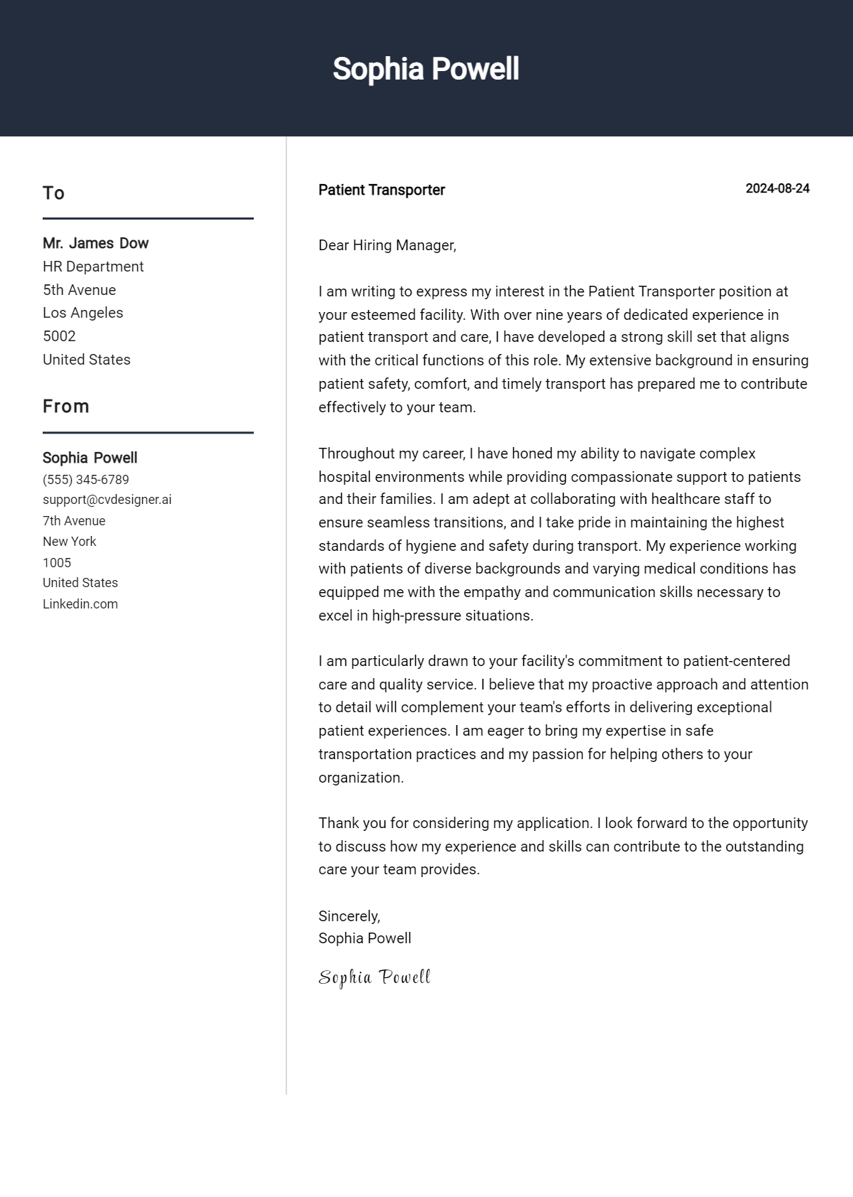 Patient Transporter Cover Letter Samples & Examples 2026 Preview