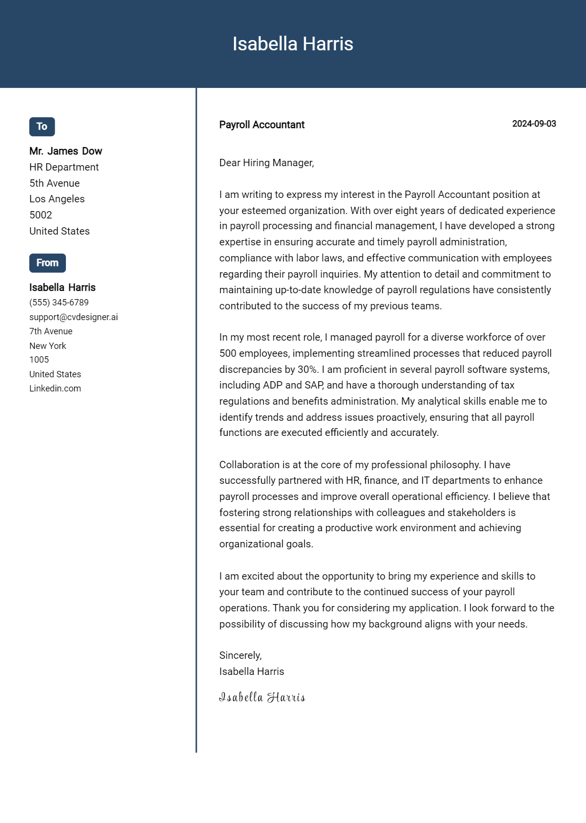 Payroll Accountant Cover Letter Example for 2026: Top CV Skills Preview
