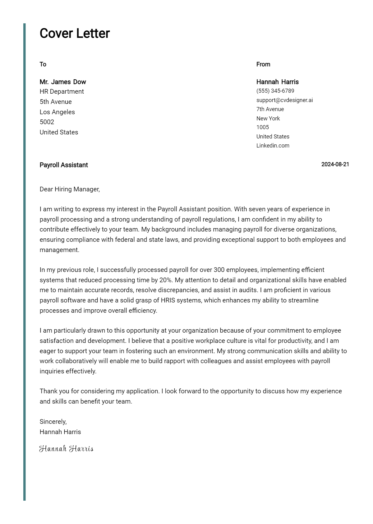 Payroll Assistant Cover Letter Example for 2026: Top CV Skills Preview