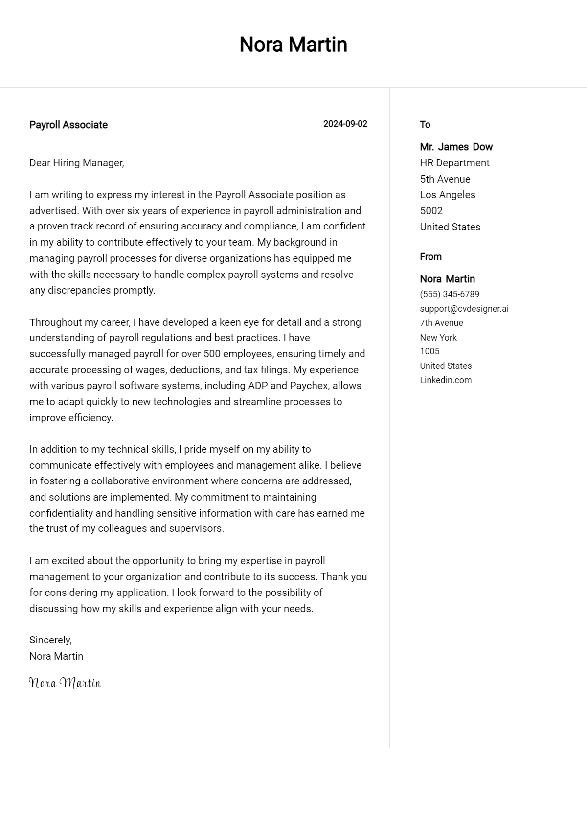 Payroll Associate Cover Letter Examples for 2026 (Downloadable) Preview