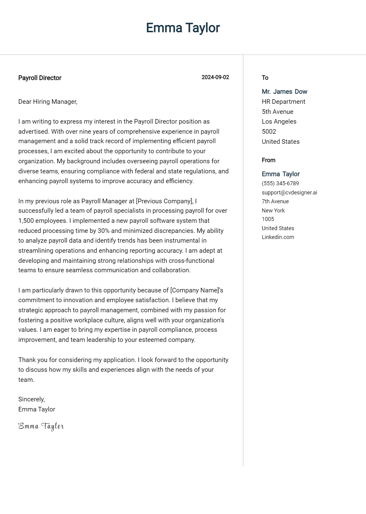 Payroll Director Cover Letter Example for 2026: Tips & Templates Preview