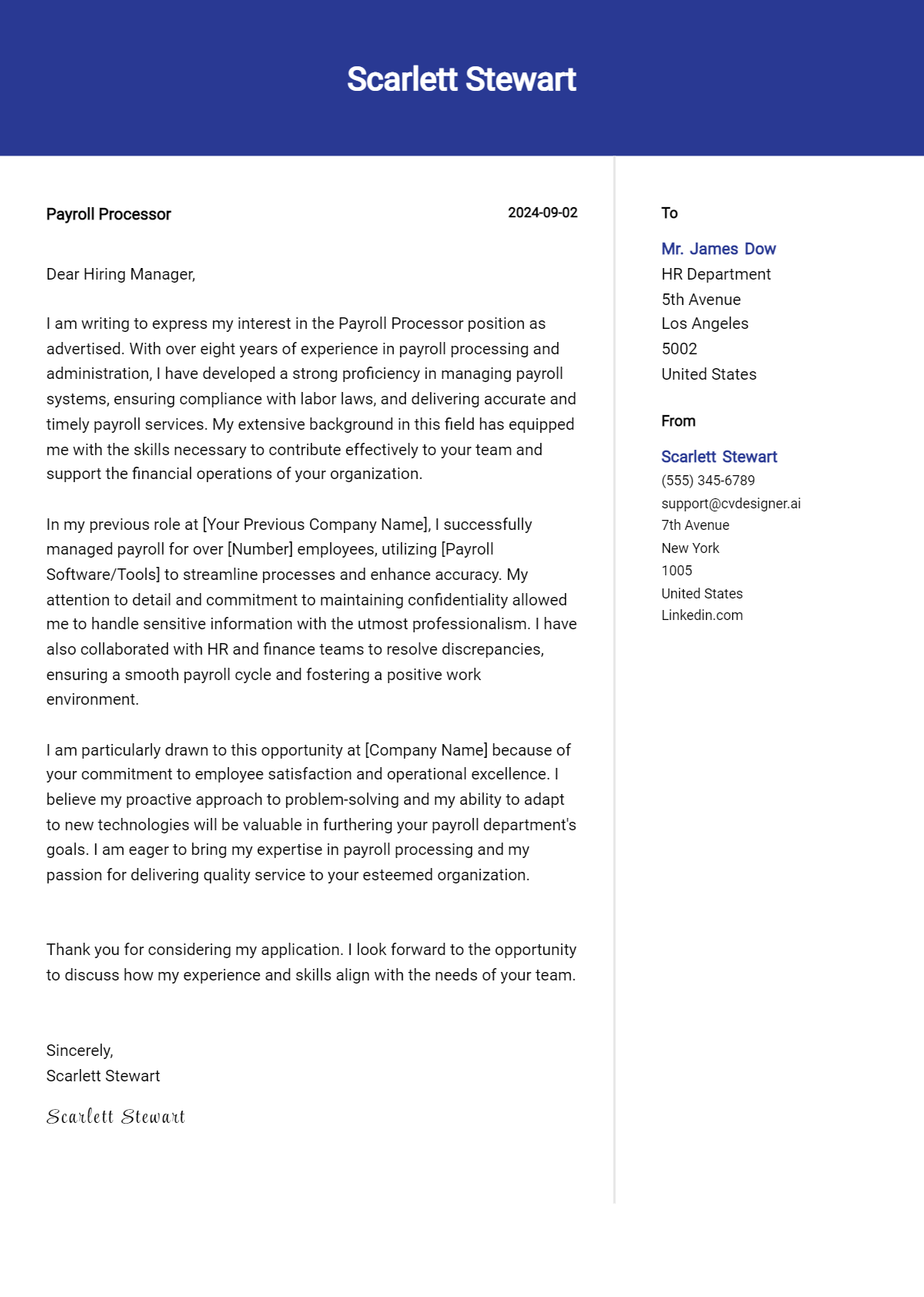 Payroll Processor Cover Letter Example for 2026 (Download Templates) Preview