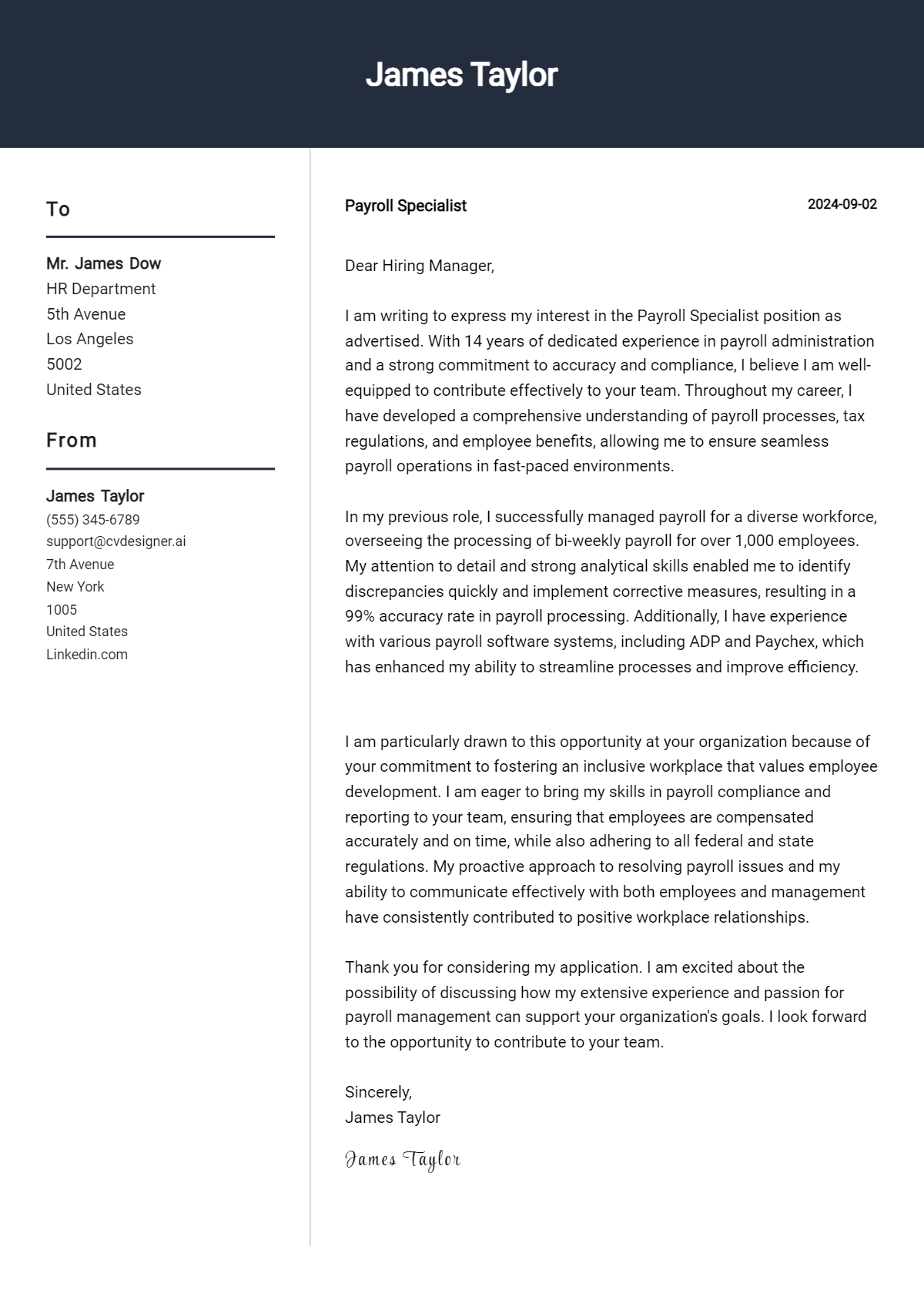 Payroll Specialist Cover Letter Example for 2026: Top CV Skills Preview