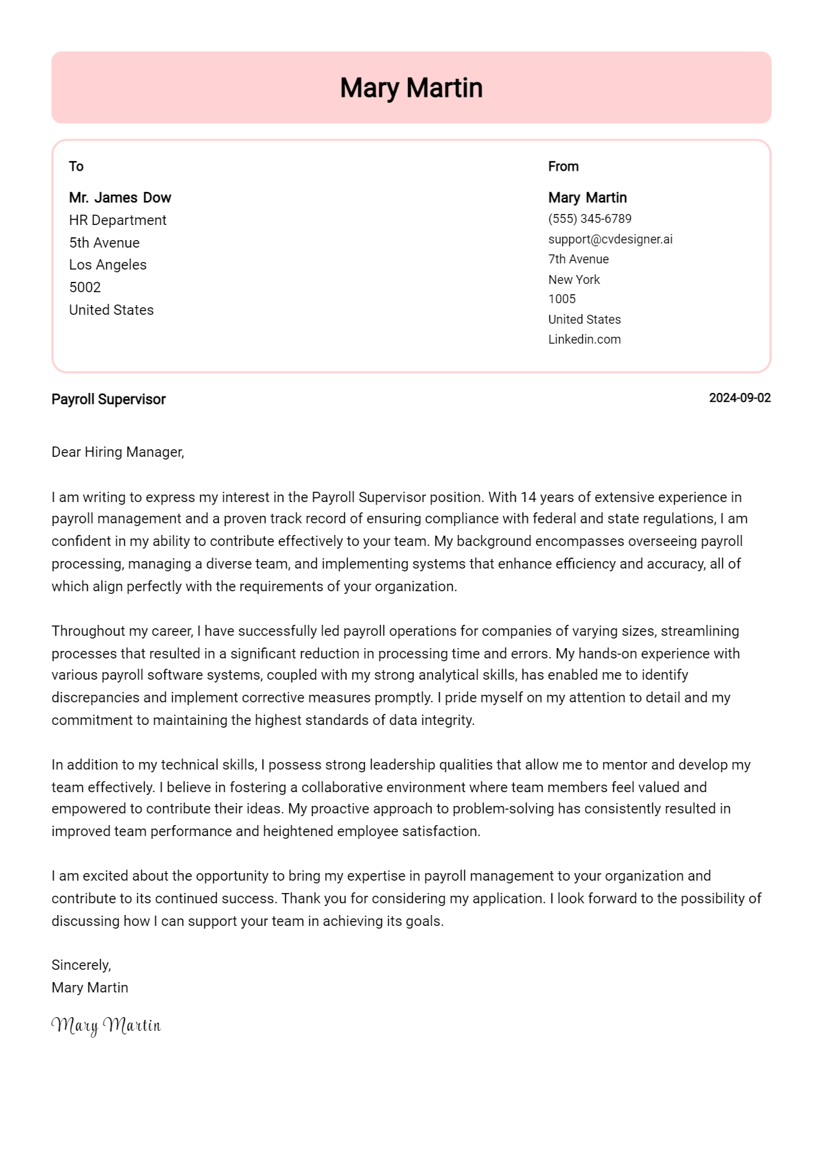 Payroll Supervisor Cover Letter Samples & Examples 2026 Preview