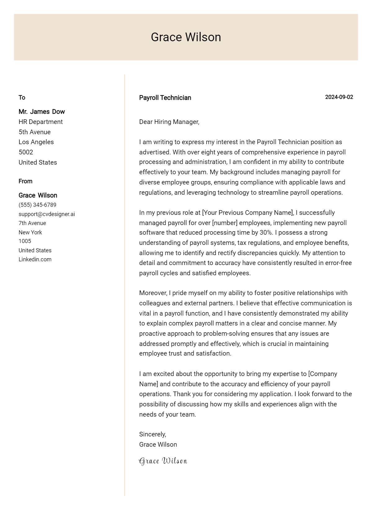 Payroll Technician Cover Letter Example for 2026: Proven Tips Preview