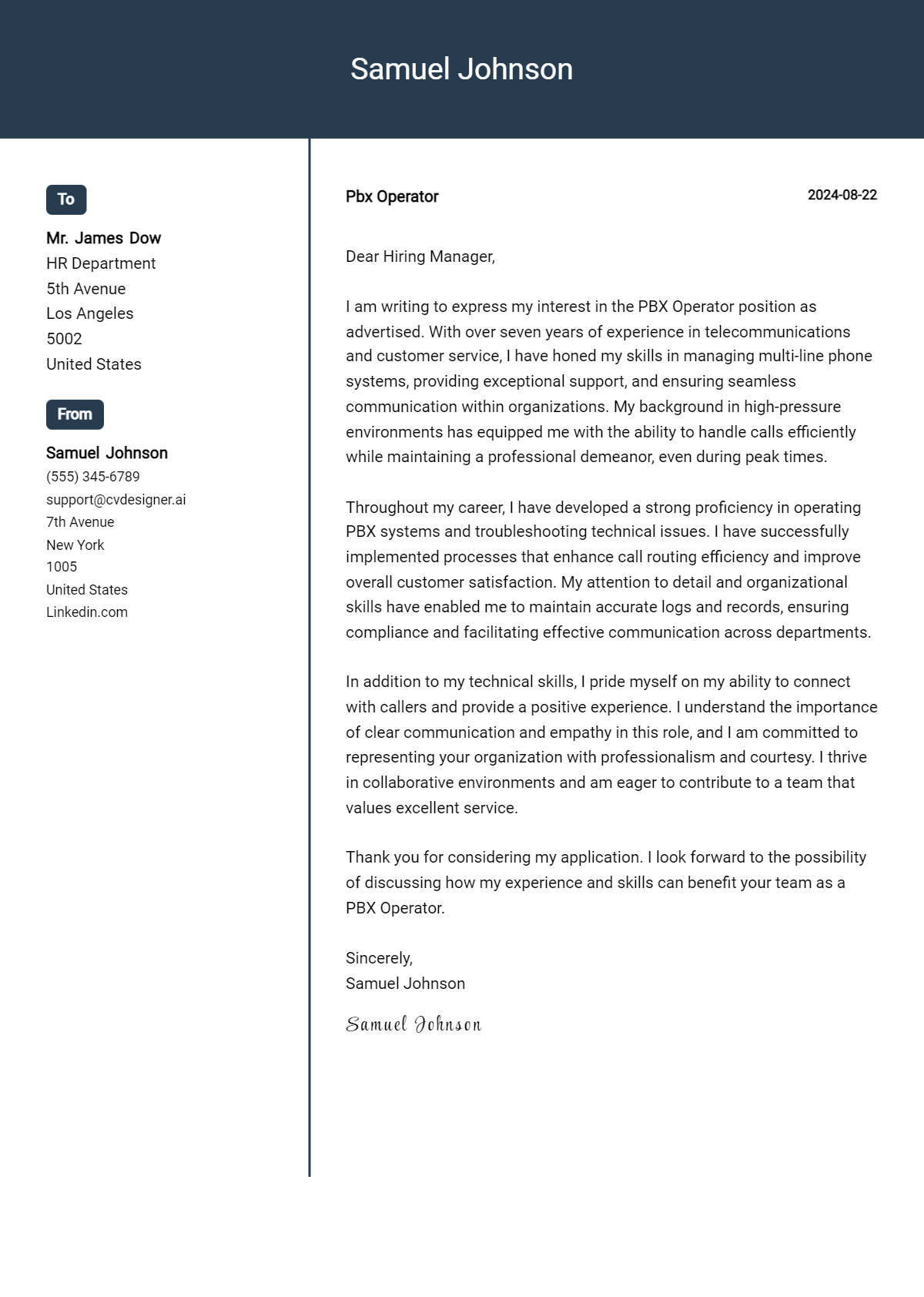 Pbx Operator Cover Letter Examples with Writing Tips for 2026 Preview