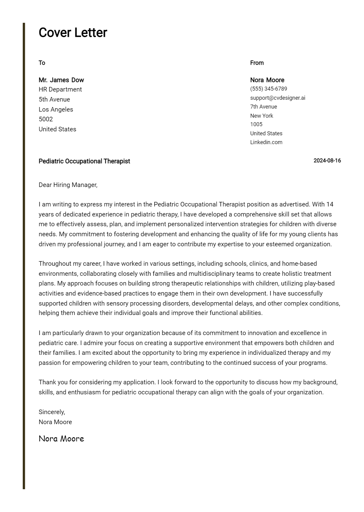 Pediatric Occupational Therapist Cover Letter Example for 2026 (Writing Guide) Preview