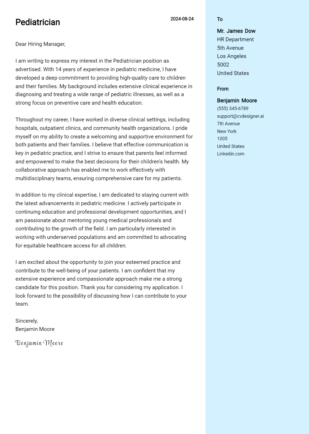 Pediatrician Cover Letter Example for 2026 (Download Templates) Preview