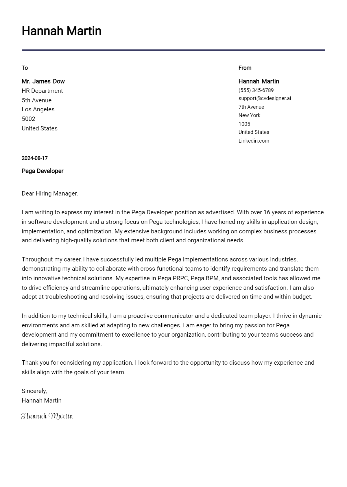 Pega Developer Cover Letter Example for 2026 (Writing Guide) Preview