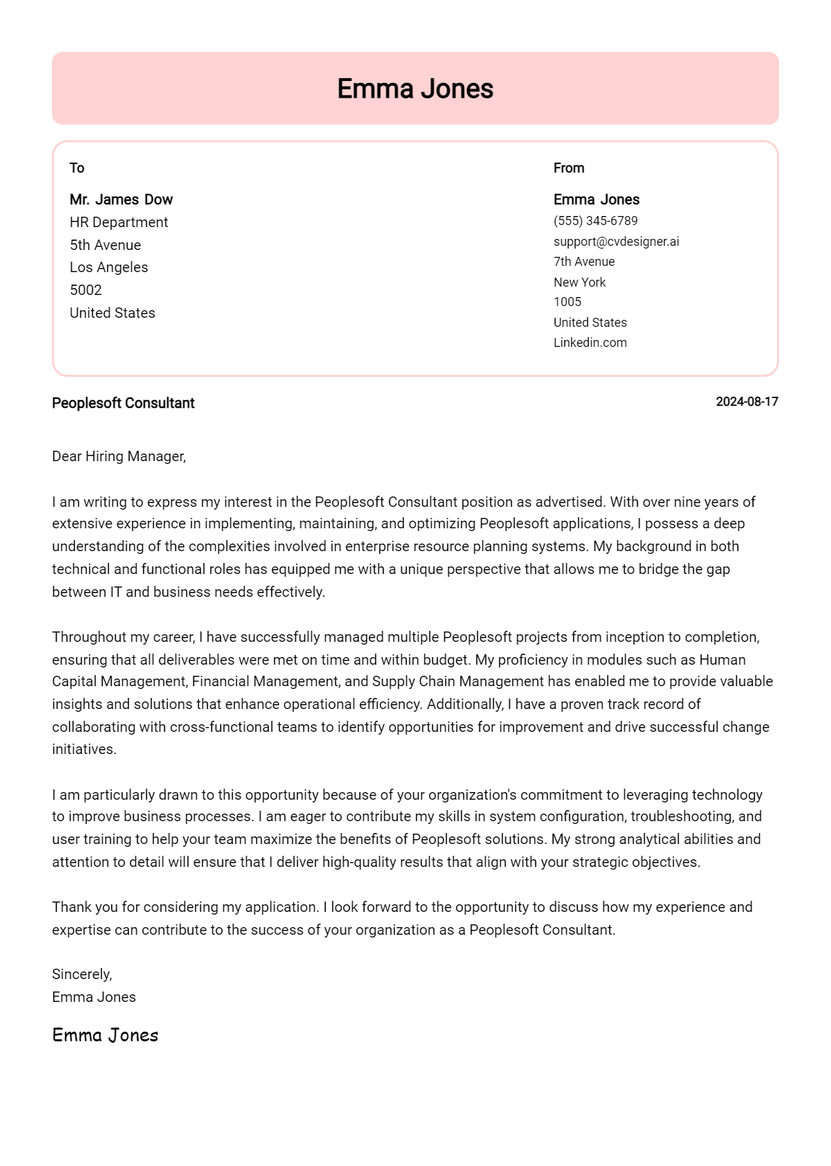 Peoplesoft Consultant Cover Letter Example for 2026 (Free Templates) Preview