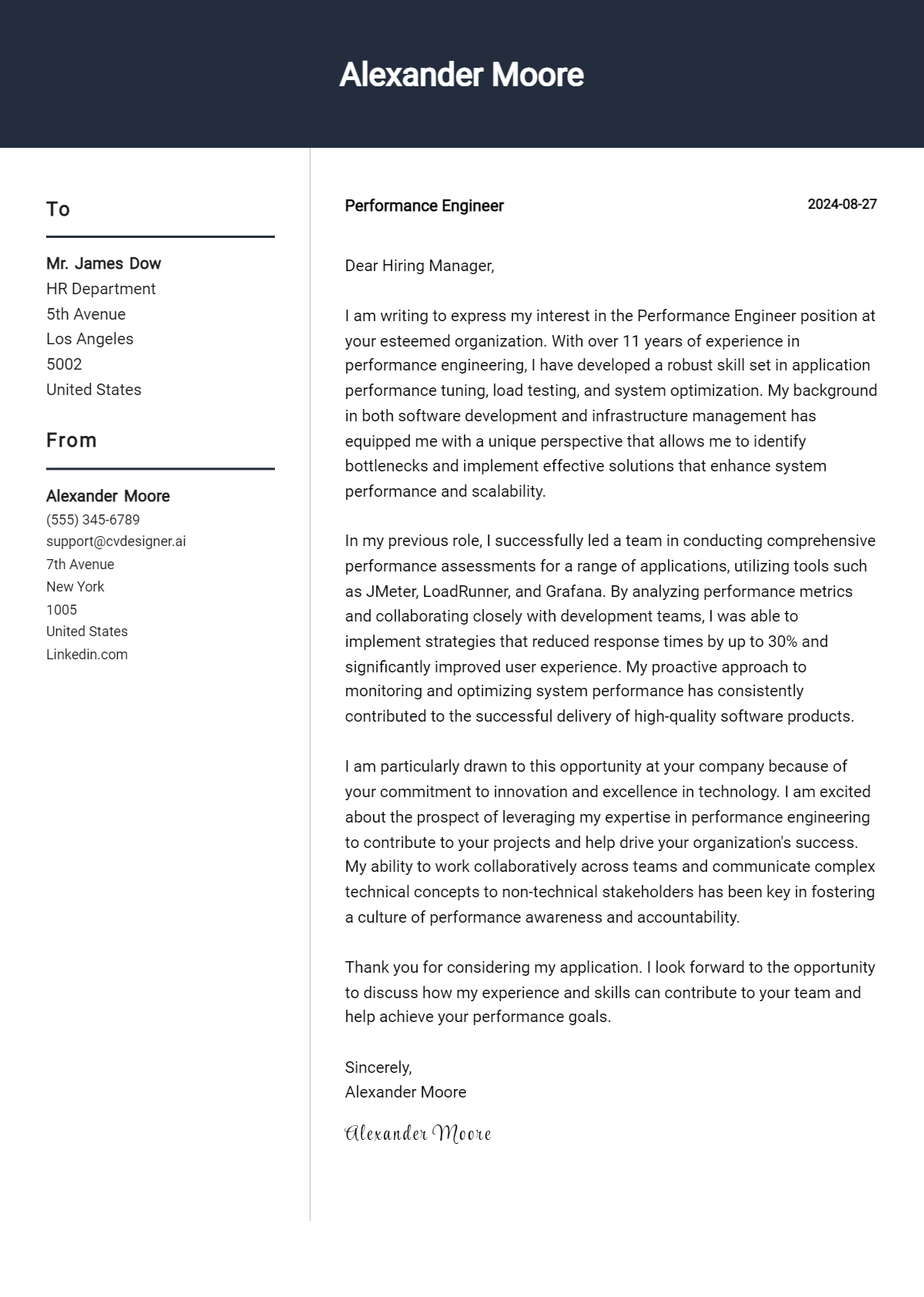 Performance Engineer Cover Letter Example for 2026 (Complete Writing Guide) Preview
