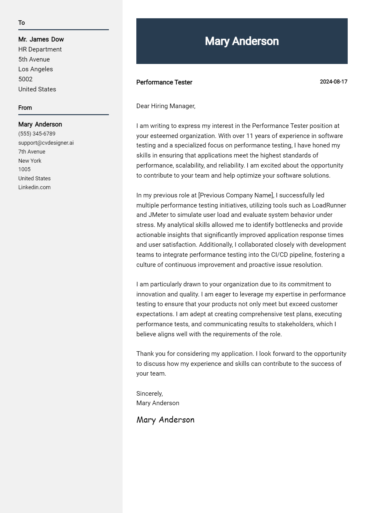 13 Performance Tester Cover Letter Examples for 2026 (Free Templates) Preview